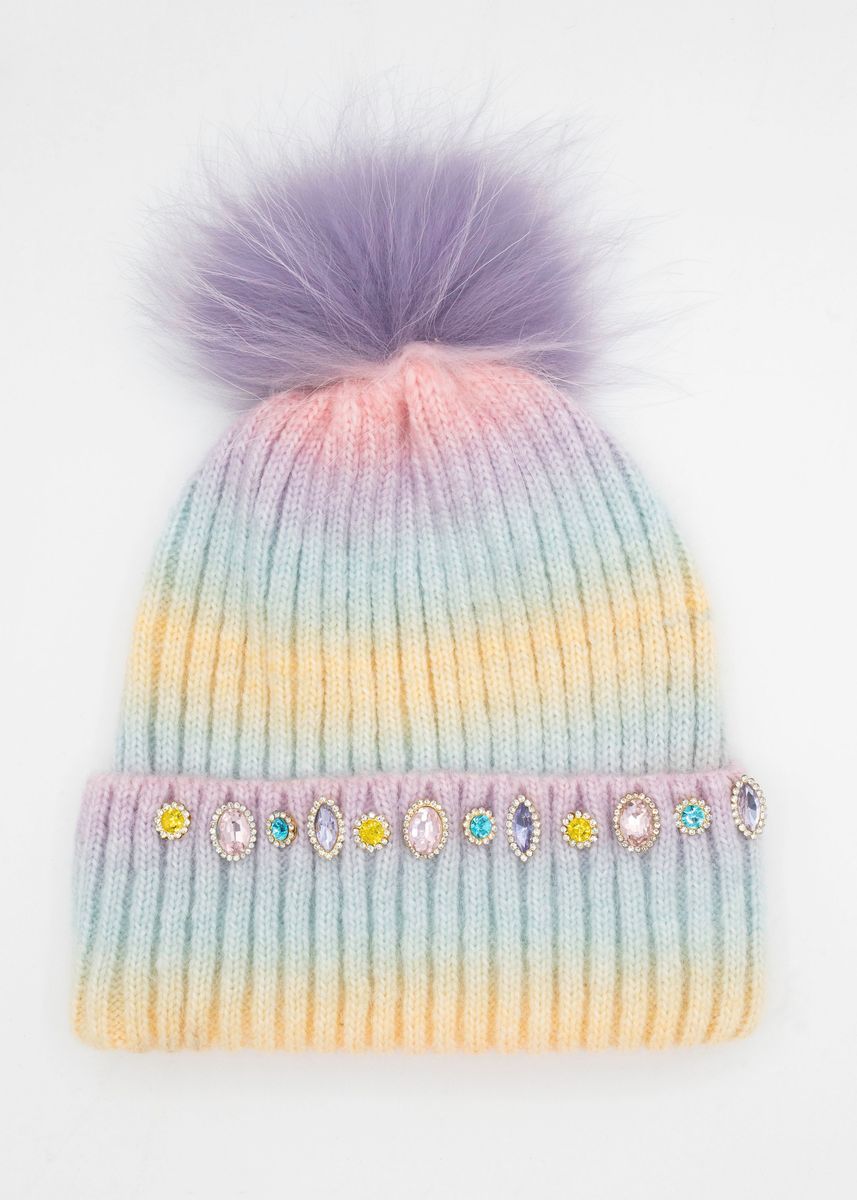 JEWELED CHARM POM POM RAINBOW BEANIE (PREORDER)