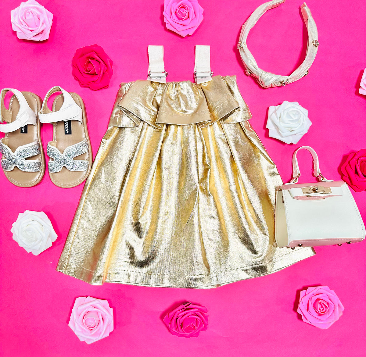 METALLIC BUCKLE RUFFLE DRESS - DRESSES