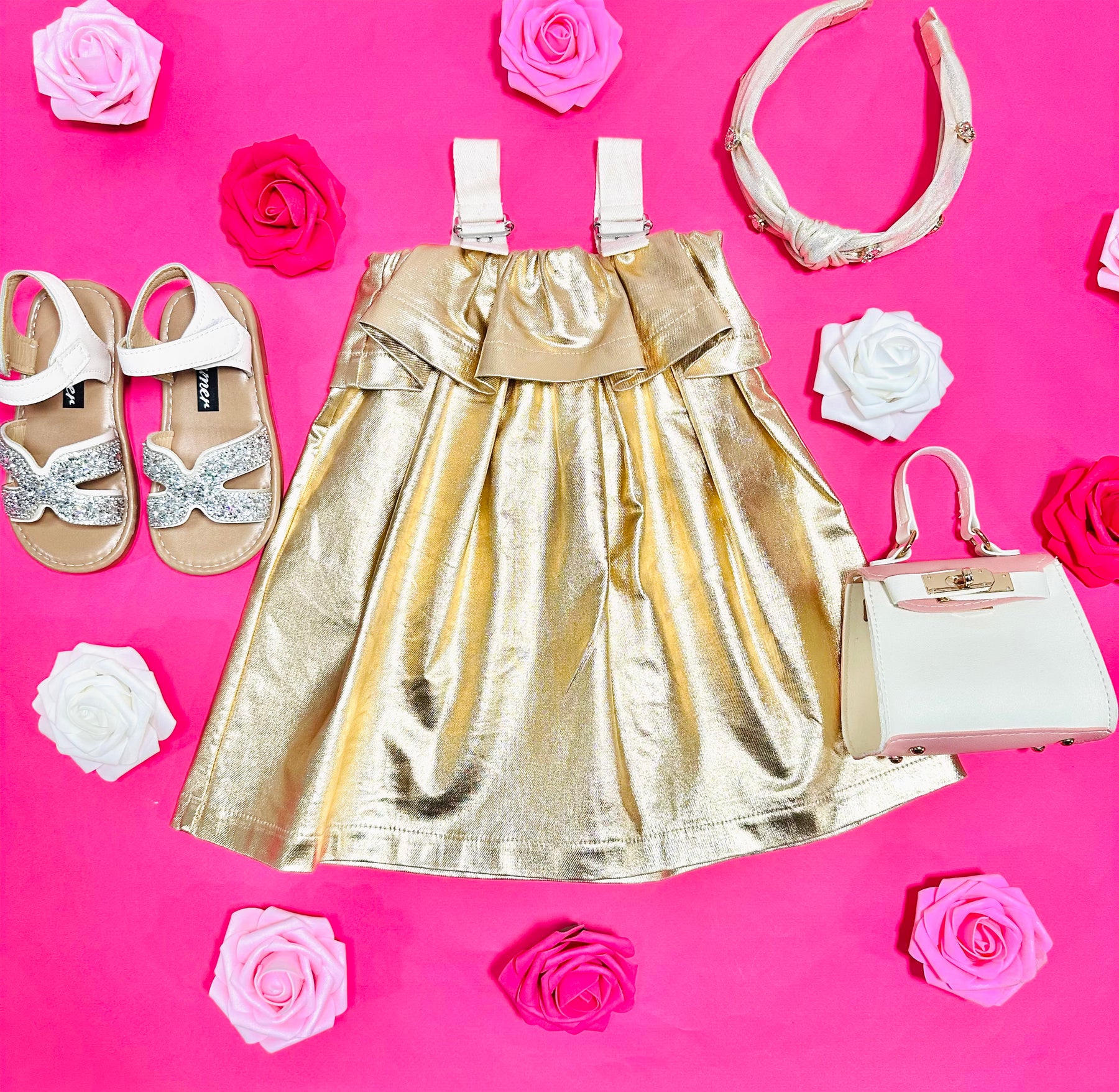 METALLIC BUCKLE RUFFLE DRESS - DRESSES