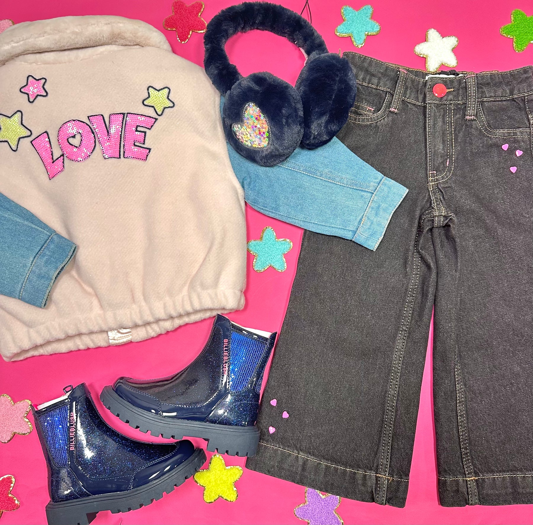 EMBROIDERED HEARTS DENIM WIDE LEG PANTS