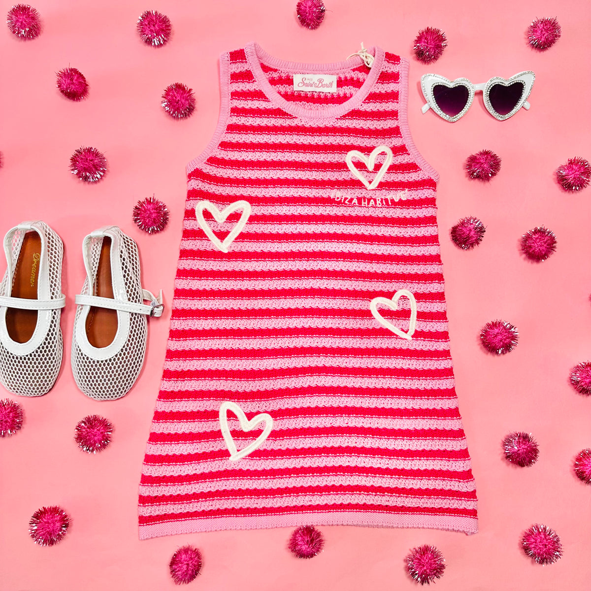 AUDIE CROCHET STRIPE HEART DRESS - DRESSES