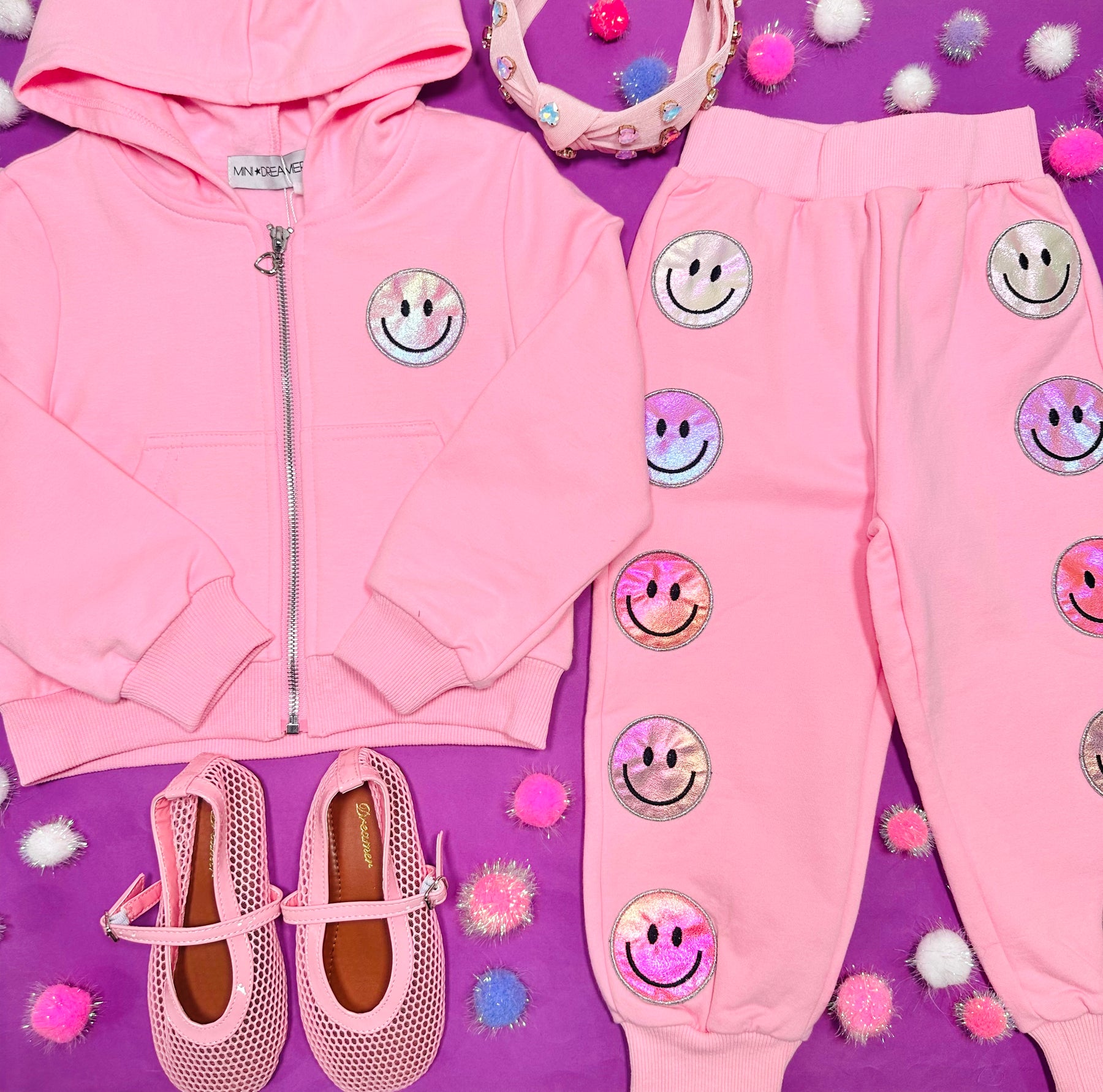 ALEXIA SMILEY FACE ZIP UP HOODIE AND SWEATPANTS SET