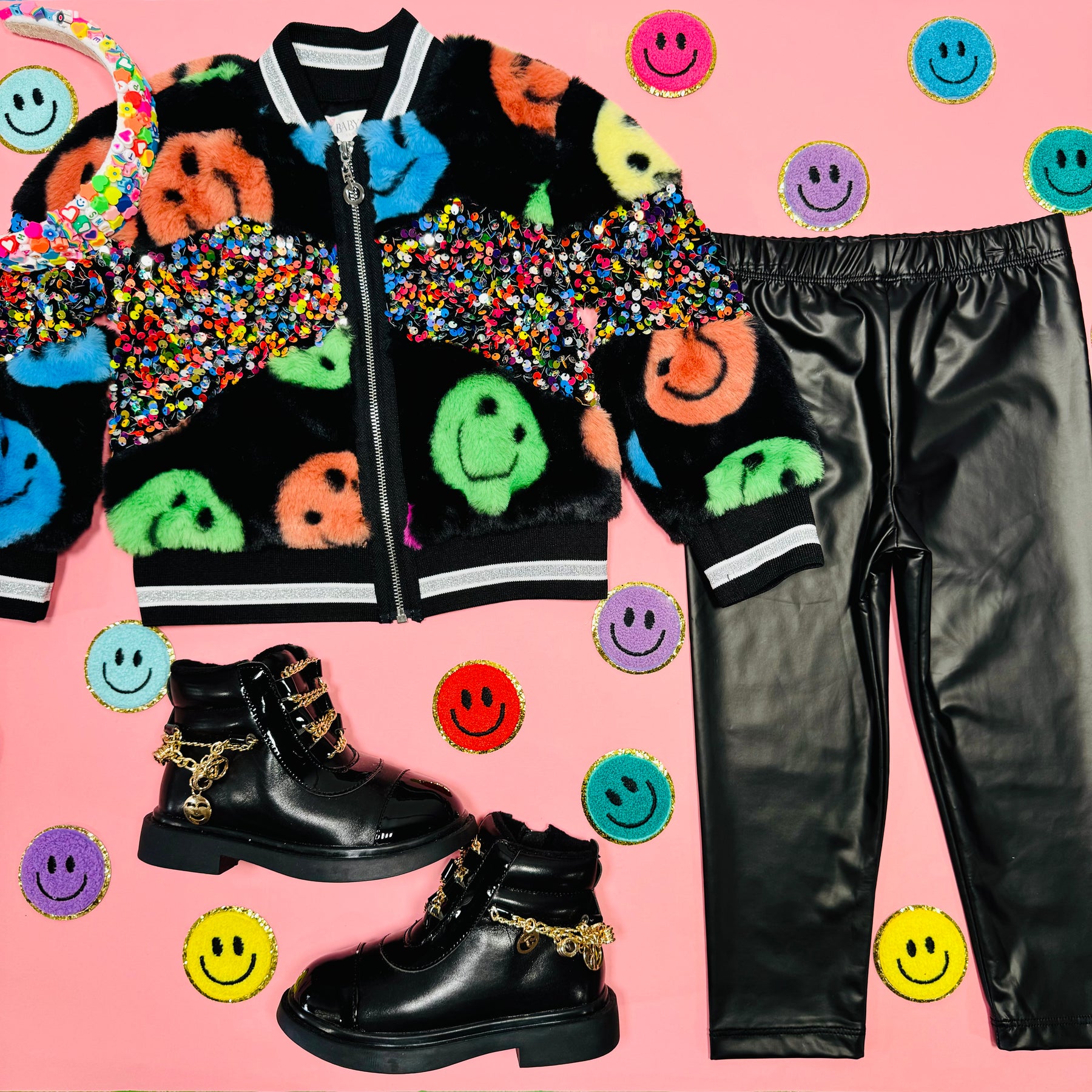 SMILEY FACE AND SEQUIN FRINGE FAUX FUR BOMBER JACKET - JACKETS