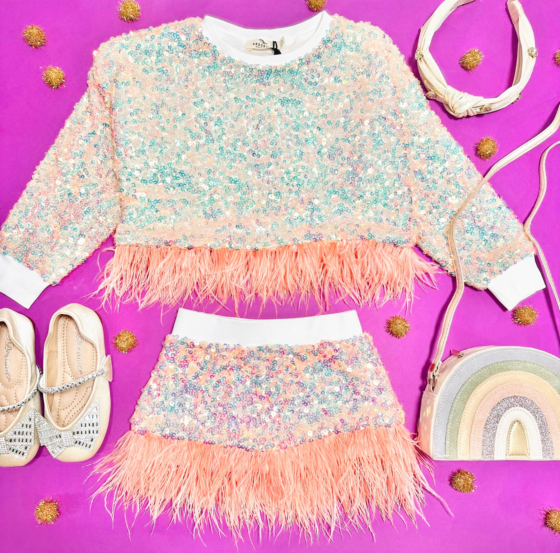 EMBELLISHED SEQUIN SKIRT W/ FEATHERS - SKIRTS
