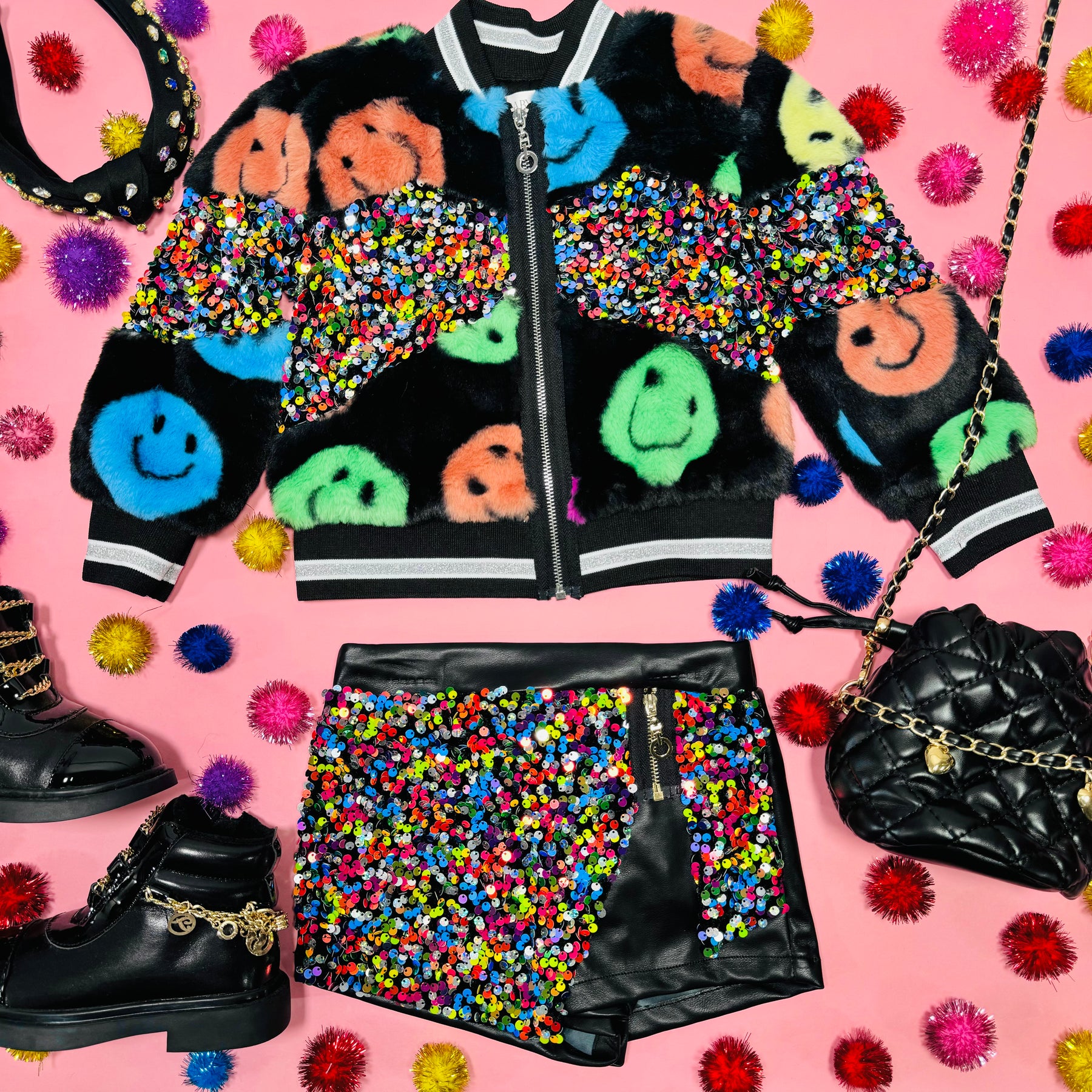 SMILEY FACE AND SEQUIN FRINGE FAUX FUR BOMBER JACKET - JACKETS