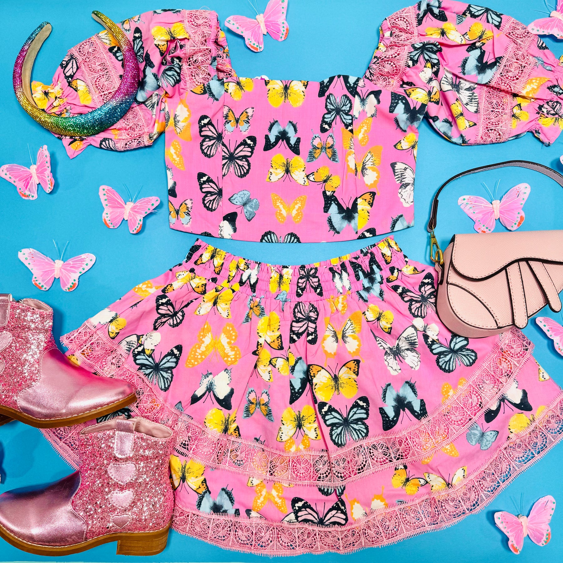 SIMONE BUTTERFLIES PUFF SLEEVE TOP AND SKIRT SET - SET
