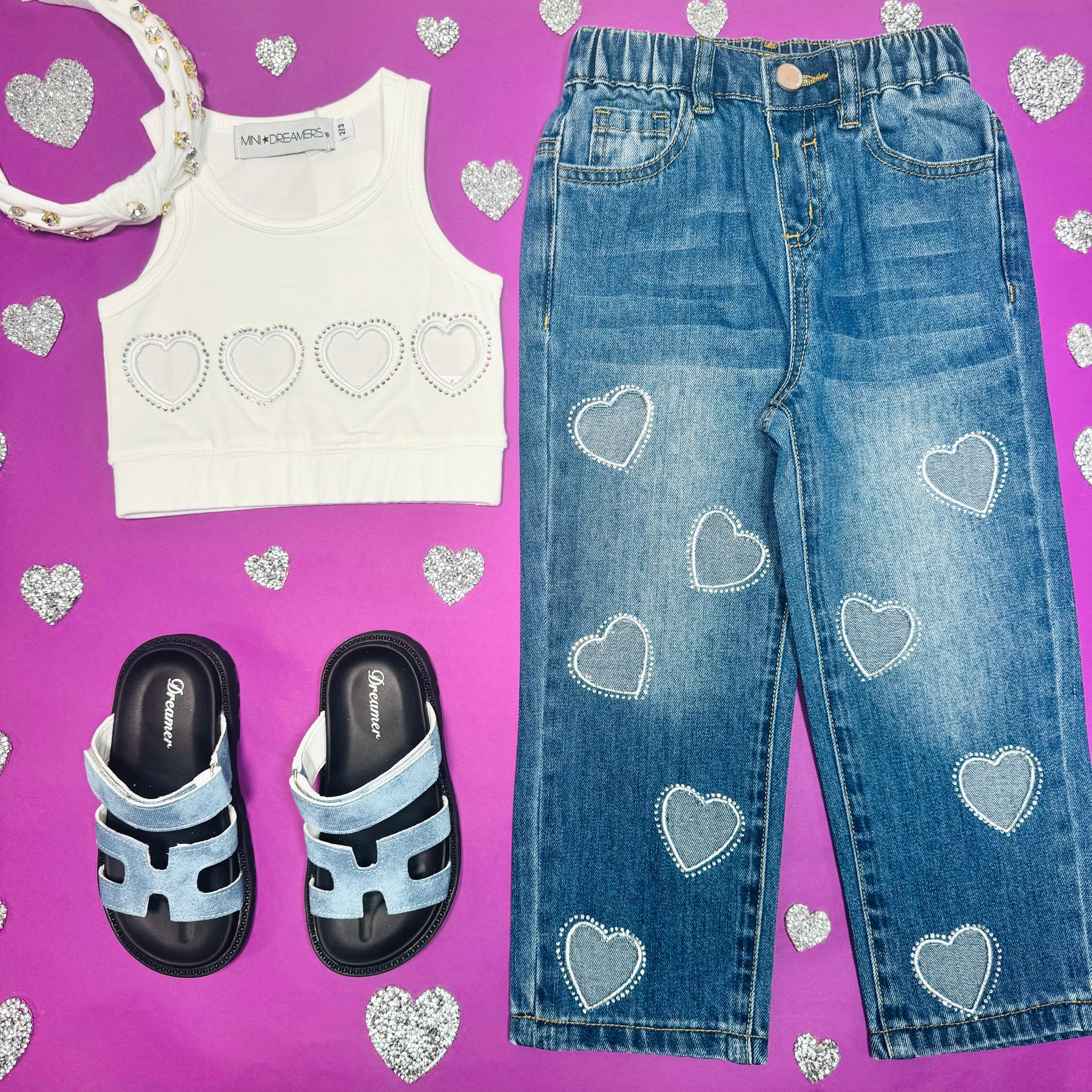 AMELIA CRYSTAL HEARTS DENIM PANTS - PANTS