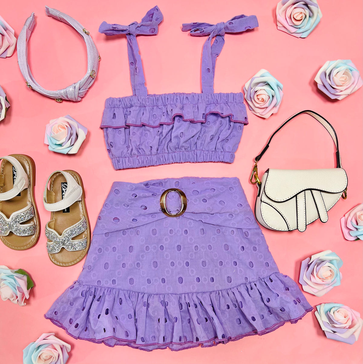 EYELET TANK TOP AND BELTED SKIRT SET - SET