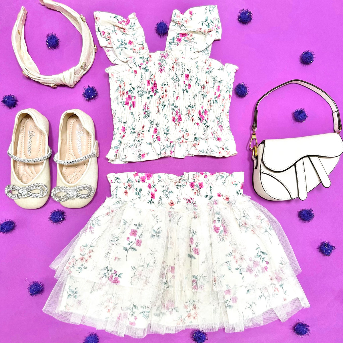 FLORAL SMOCKED TOP AND TUTU SKIRT SET - SET