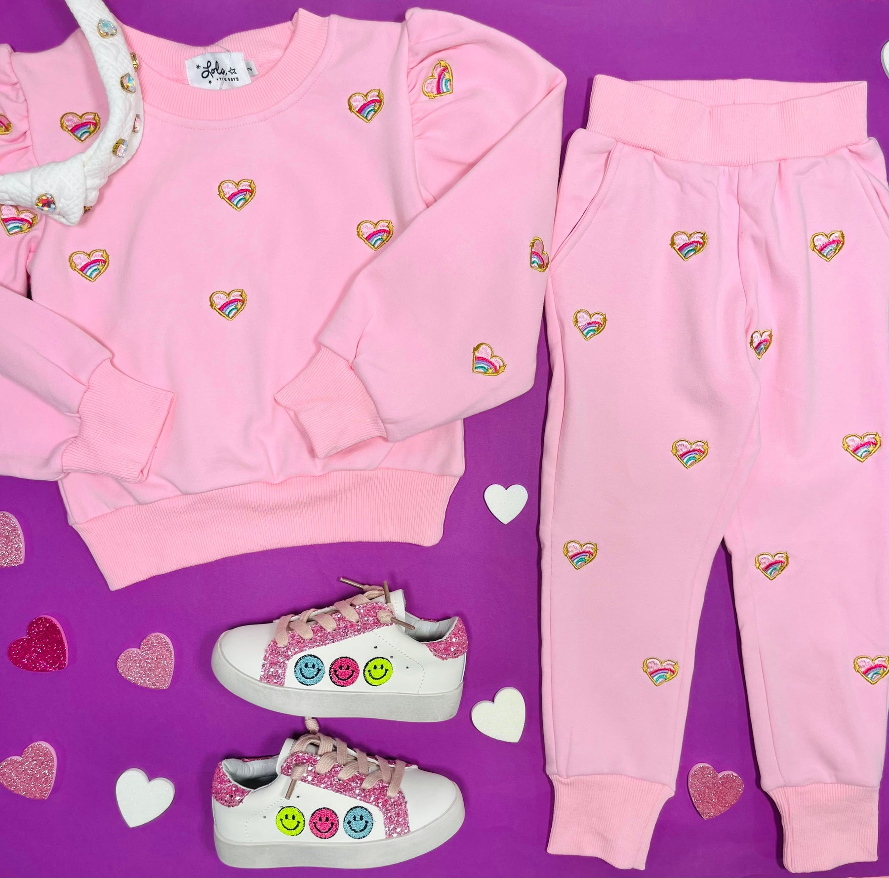 EMBROIDERED HEARTS PUFF SLEEVE SWEATSHIRT AND SWEATPANTS SET