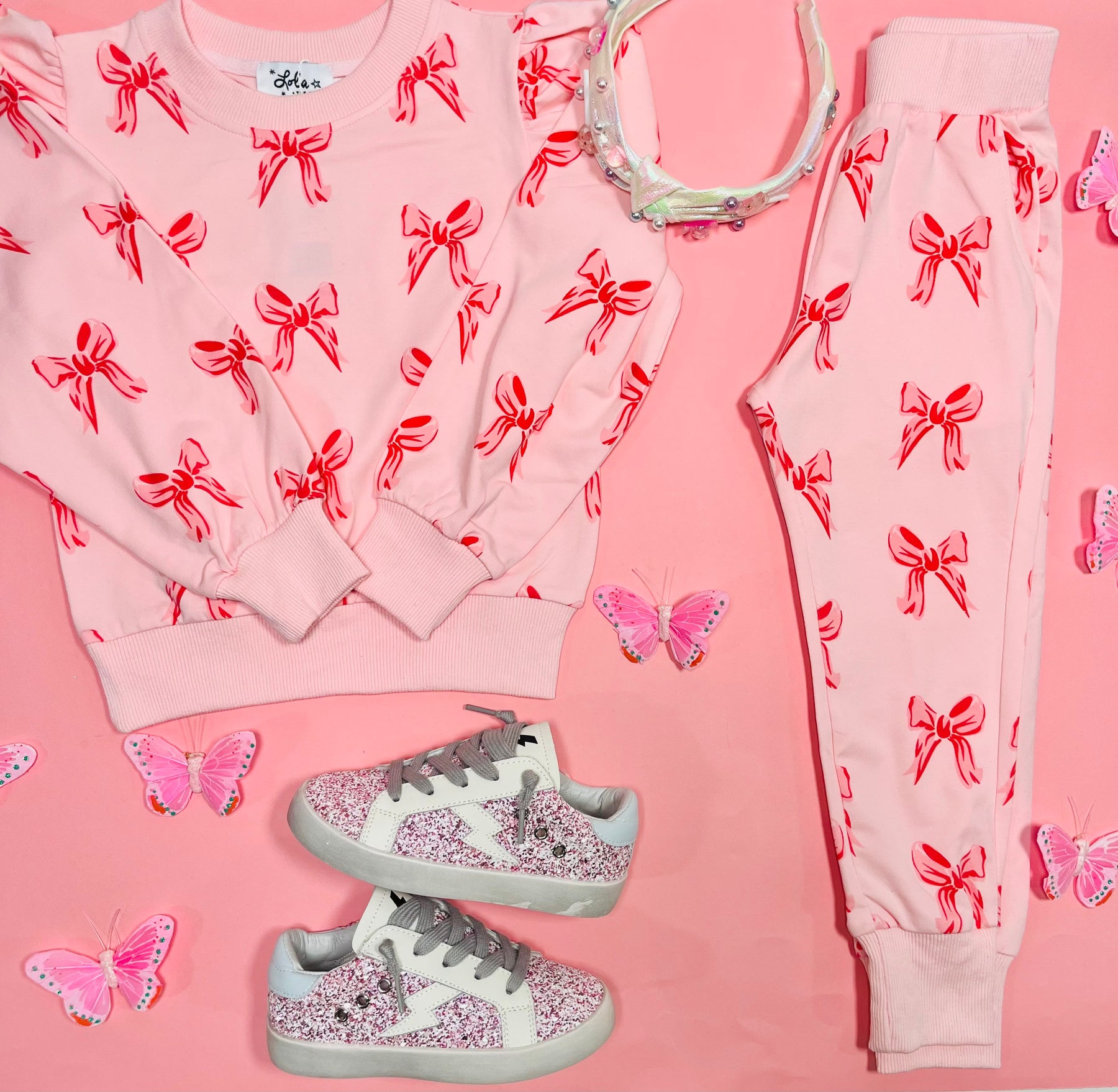 RIBBON PUFF SLEEVE SWEATSHIRT AND SWEATPANTS SET