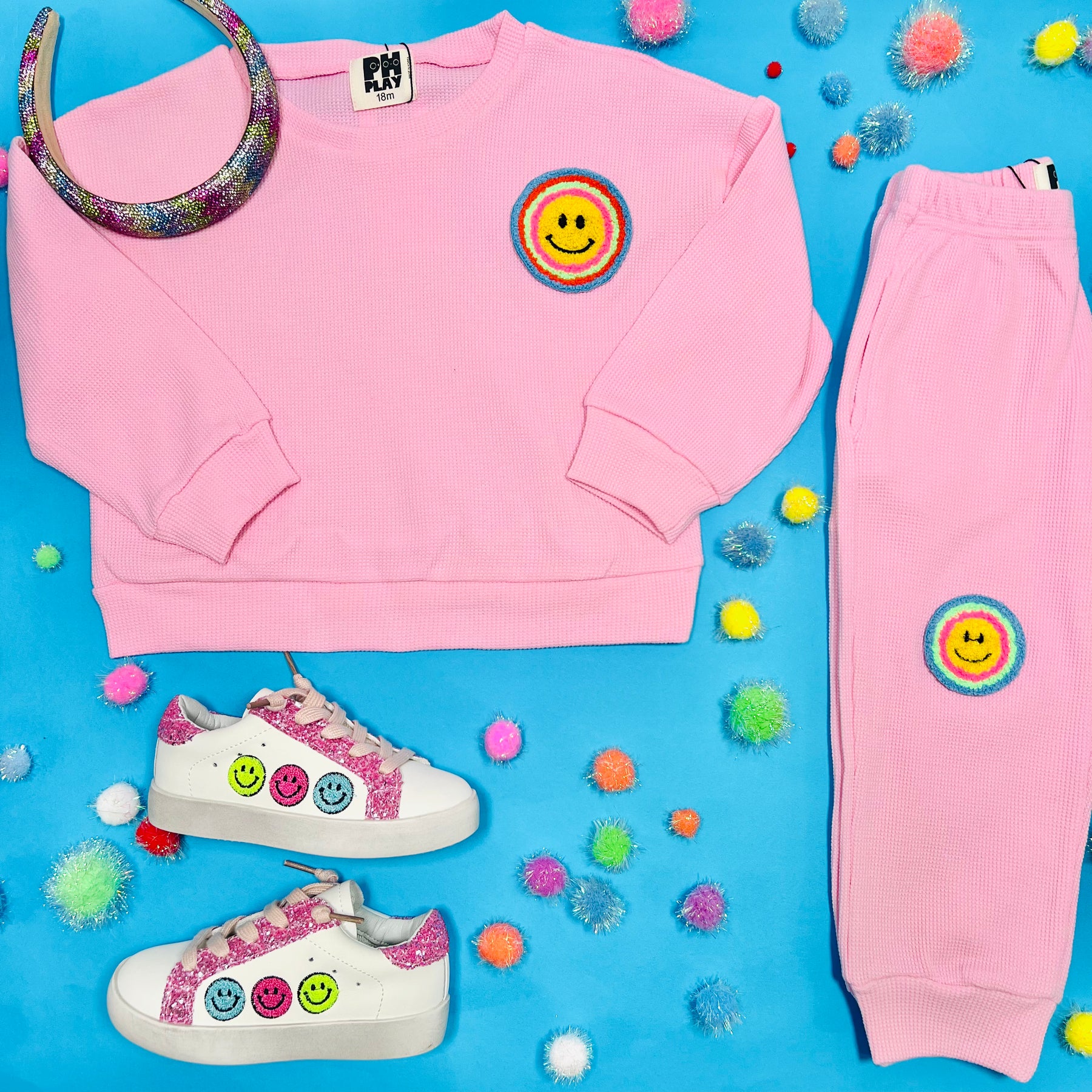 NEON SMILEY FACE SWEATSHIRT AND SWEATPANTS WAFFLE SET
