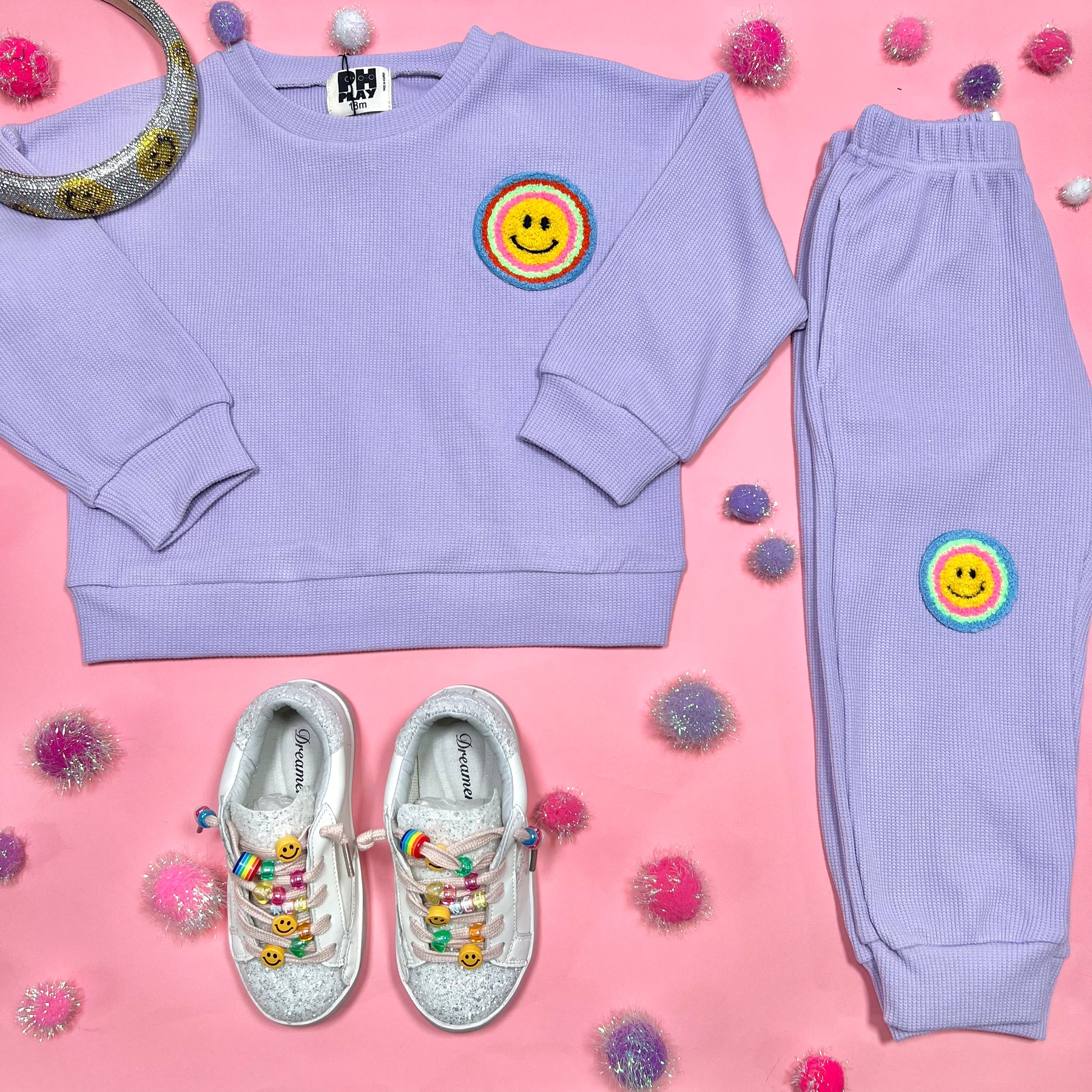 NEON SMILEY FACE SWEATSHIRT AND SWEATPANTS WAFFLE SET
