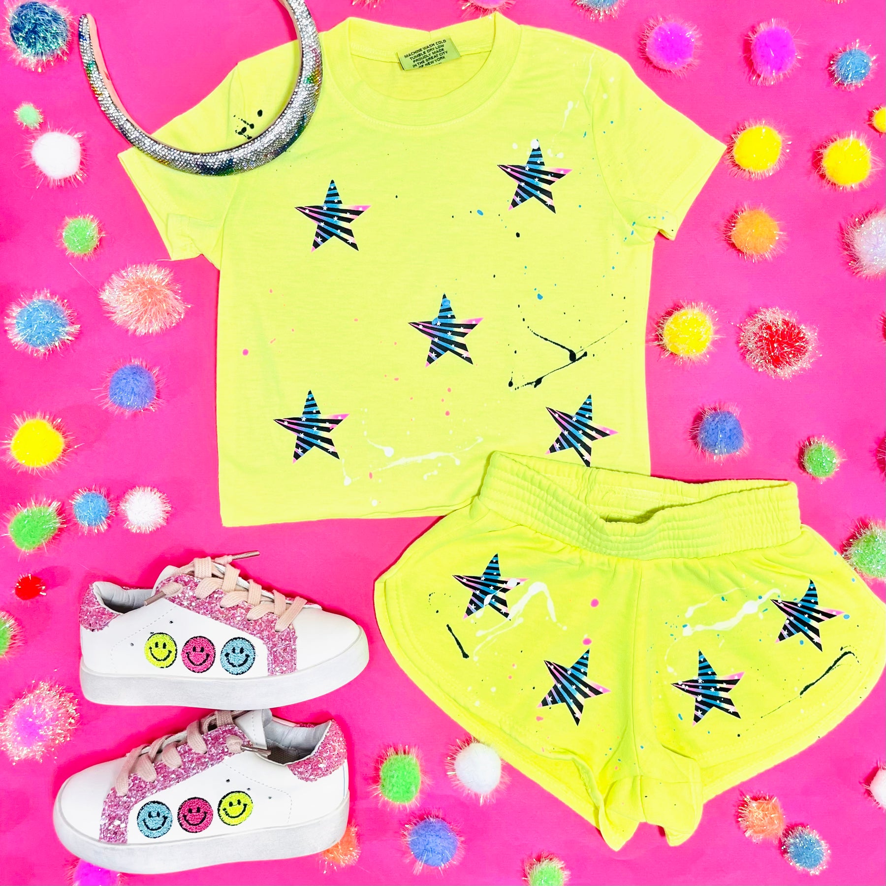 RAINBOW STARS PAINT SPLATTER NEON SHORTS