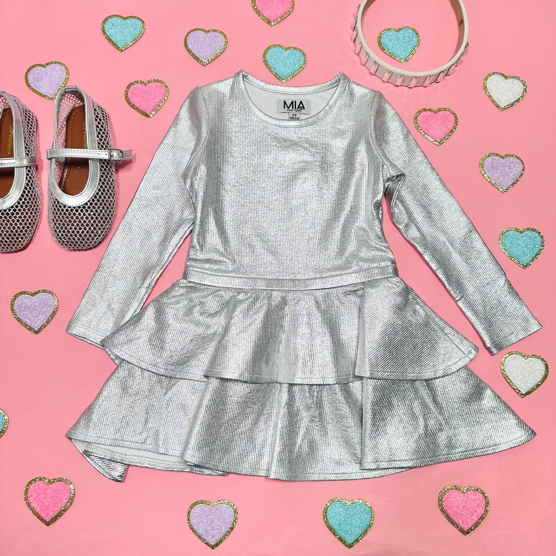 METALLIC TIERED LONG SLEEVE DRESS - DRESSES