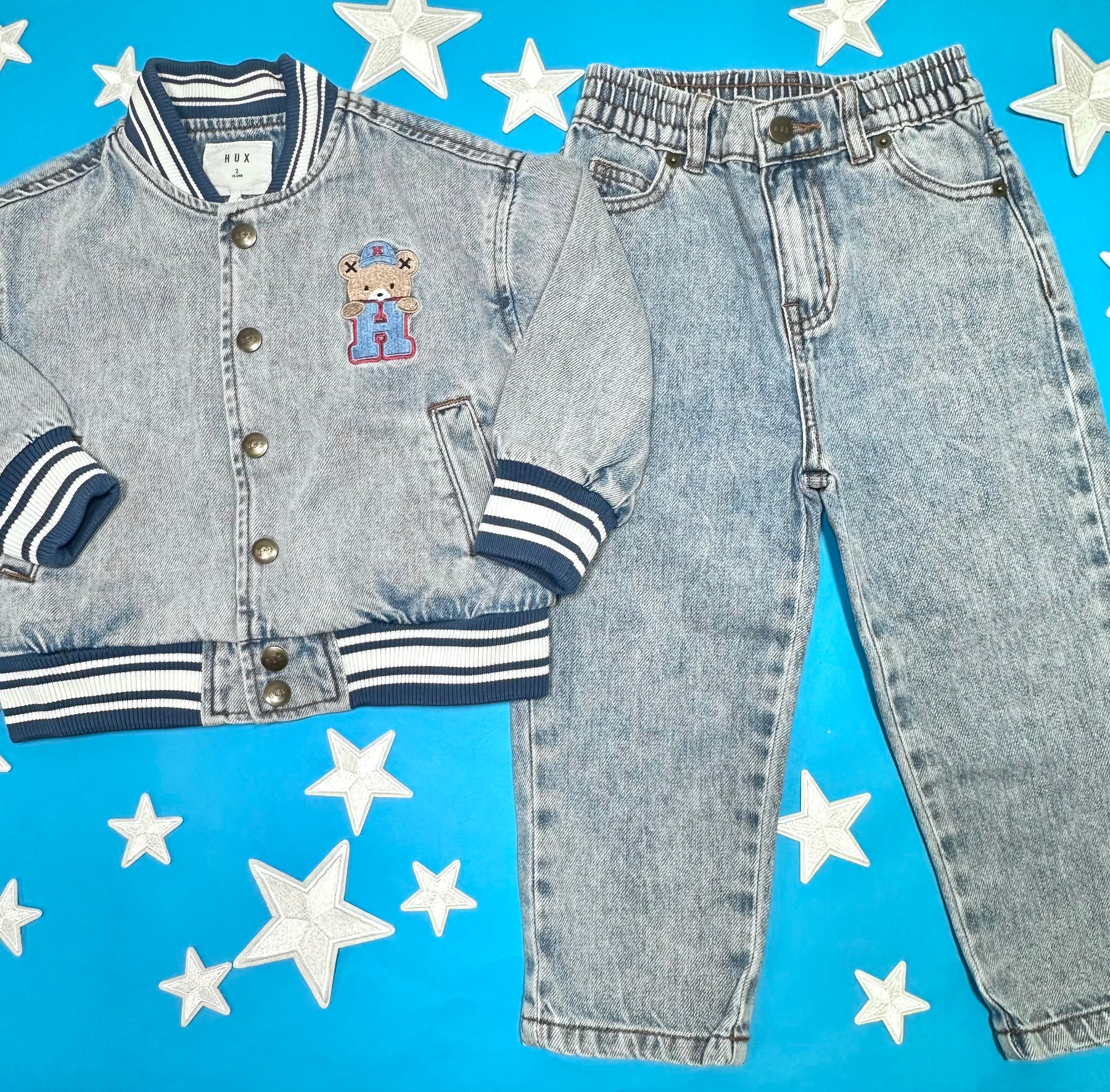 DREAMY DENIM VARSITY BOMBER JACKET - JACKETS