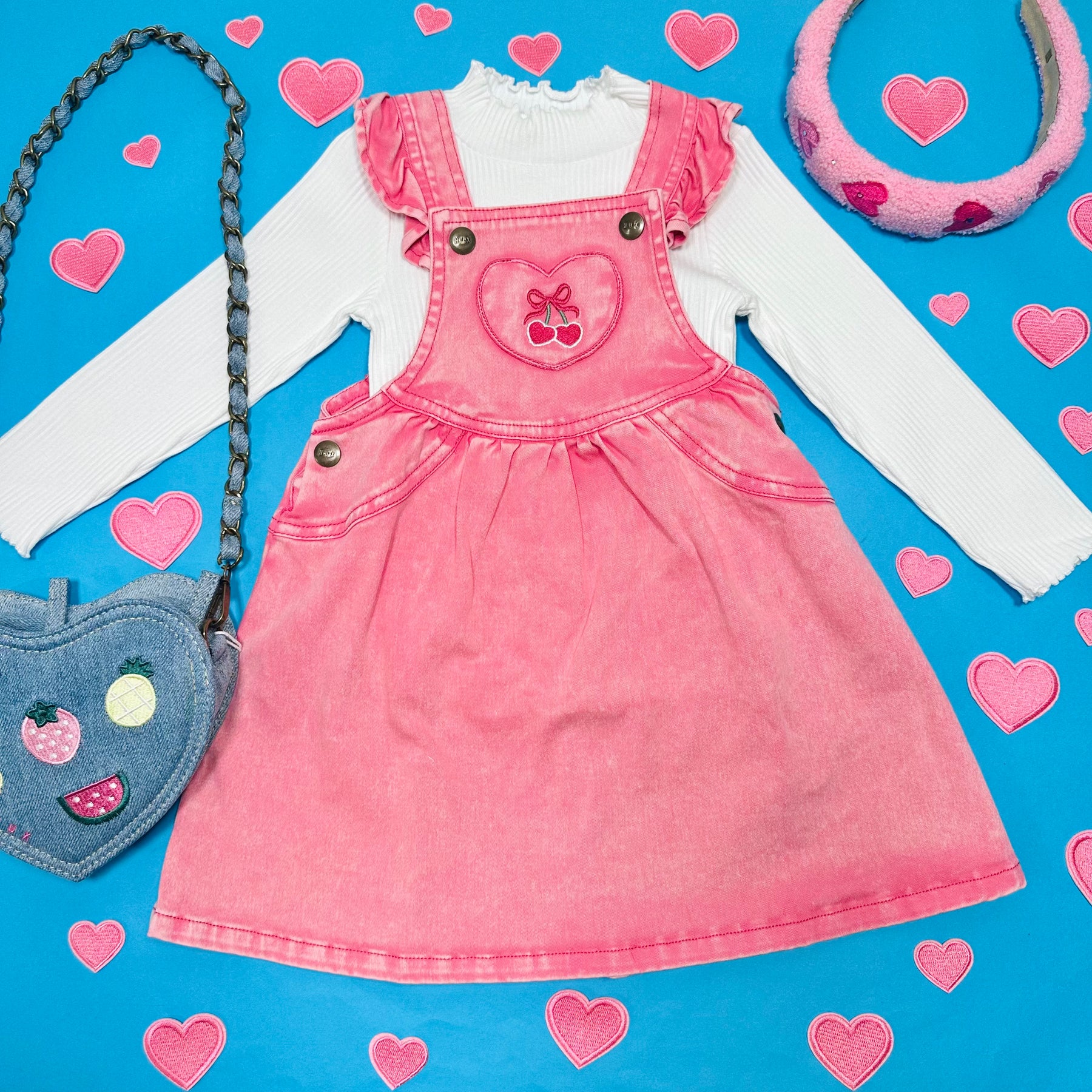 CHERRY HEART VINTAGE PINAFORE OVERALL DRESS - DRESSES