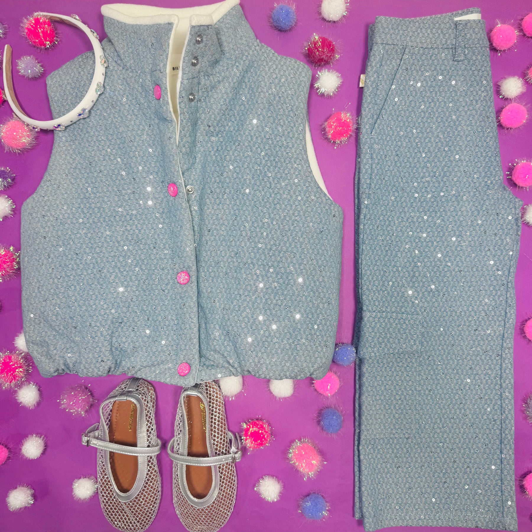 SEQUIN DENIM CARGO PANTS