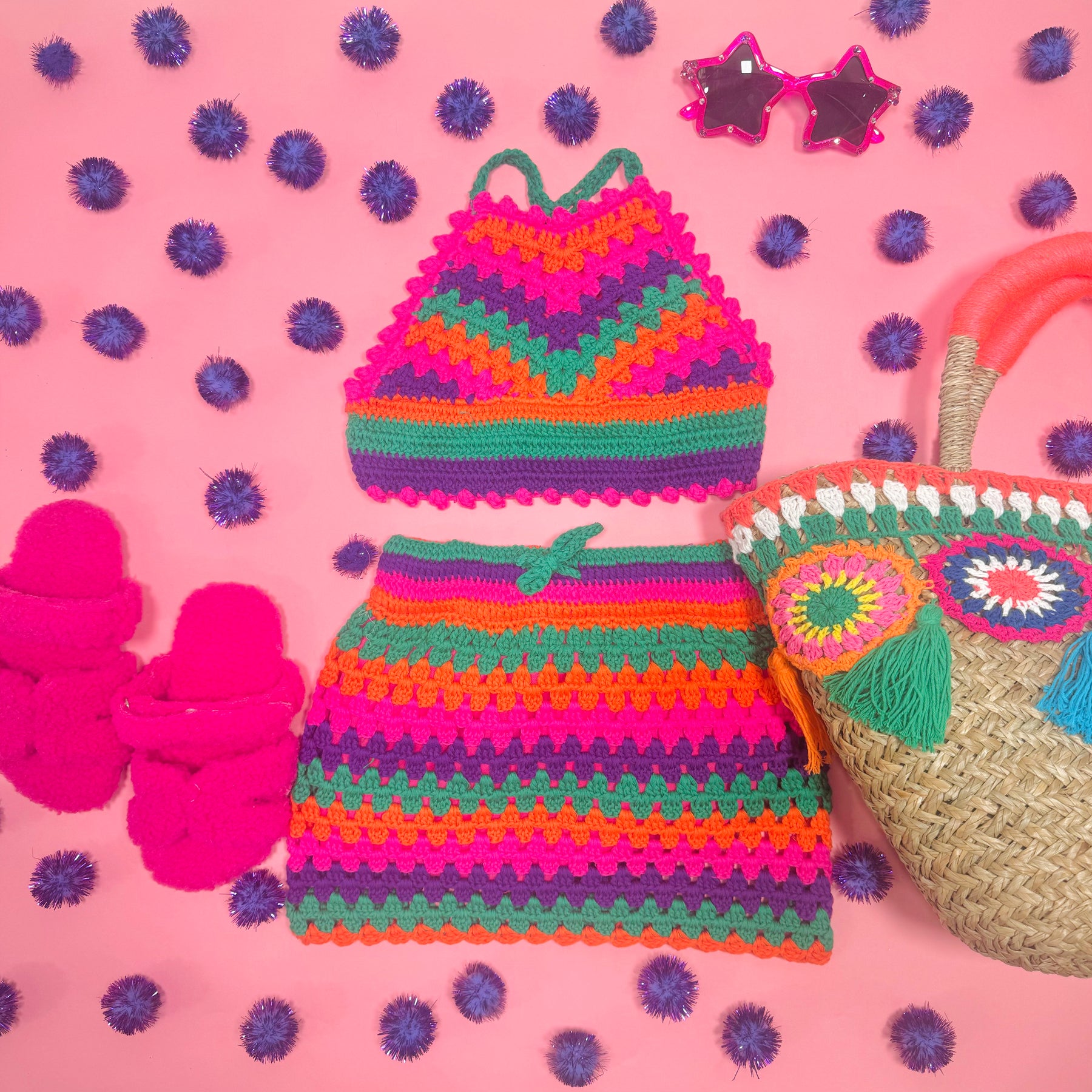 LITTLE CARMEN TECHNICOLOR CROCHET HALTER TOP AND SKIRT SET - SET