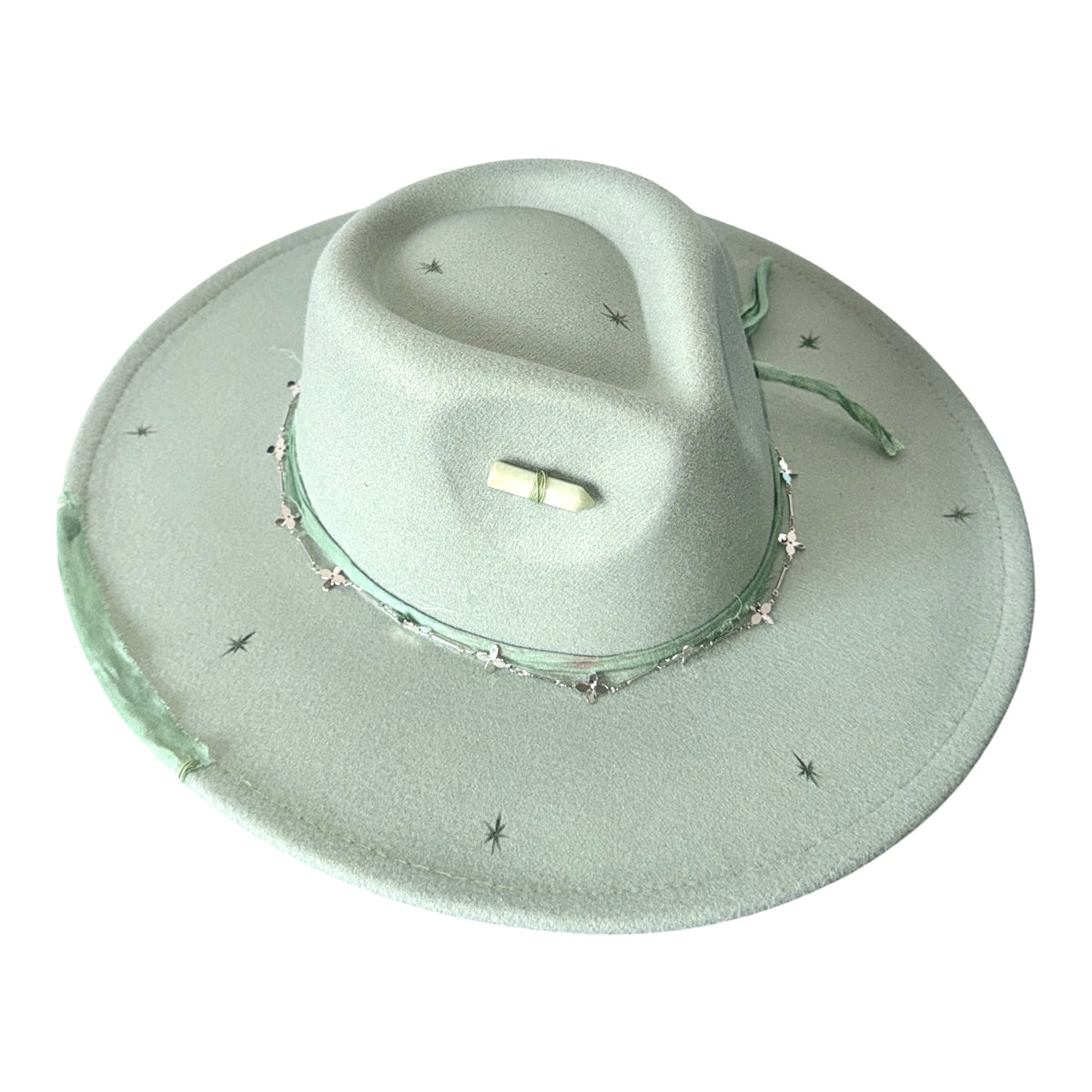 TWINKLE STARDUST SILVER CHAIN TRIM FELT FEDORA HAT - SAGE & SADDLE - HATS