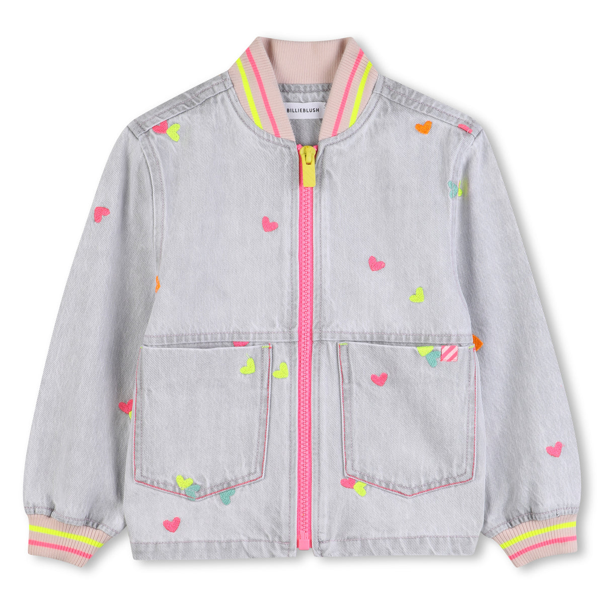 NEON EMBROIDERED HEART DENIM BOMBER JACKET (PREORDER)