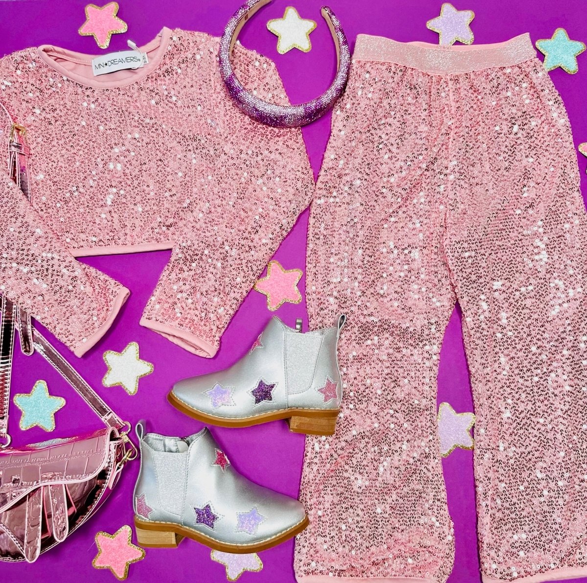 ALIYAH SEQUIN LOVE SLEEVE CROP TOP AND PANTS SET - SET