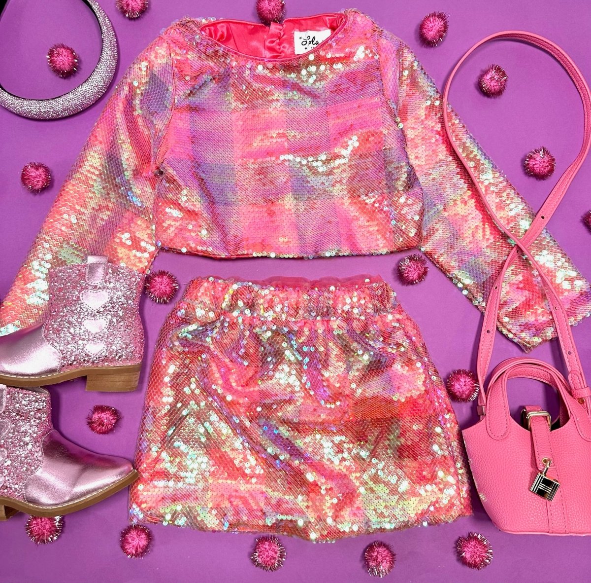 AS IF PLAID SEQUIN TOP AND SKIRT SET - SET