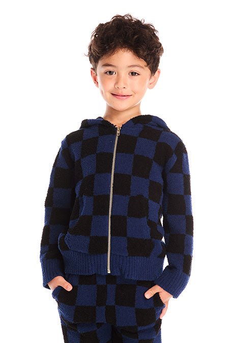 CHECKERED FUZZY FLEECE LOUNGE ZIP UP HOODIE (PREORDER) - CHASER KIDS