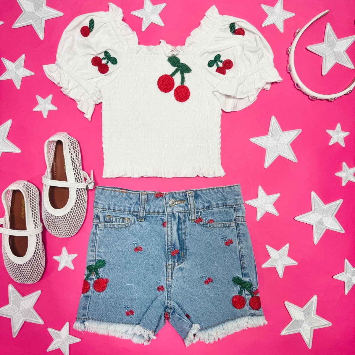 CHERRY EMBROIDERED PUFF SLEEVE SMOCKED TOP - SARA SARA