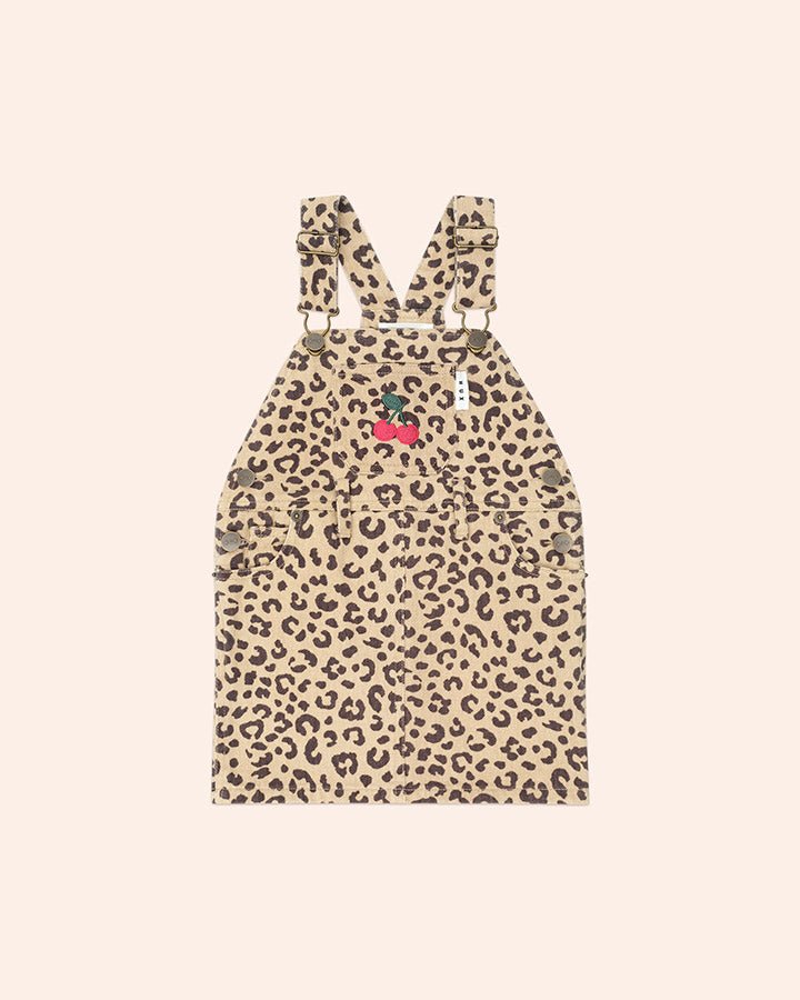 CHERRY LEOPARD DENIM OVERALL DRESS (PREORDER) - DRESSES