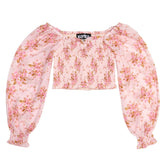 CHLOE PINK BOUQUET SMOCKED PUFF SLEEVE TOP - LONG SLEEVE TOPS