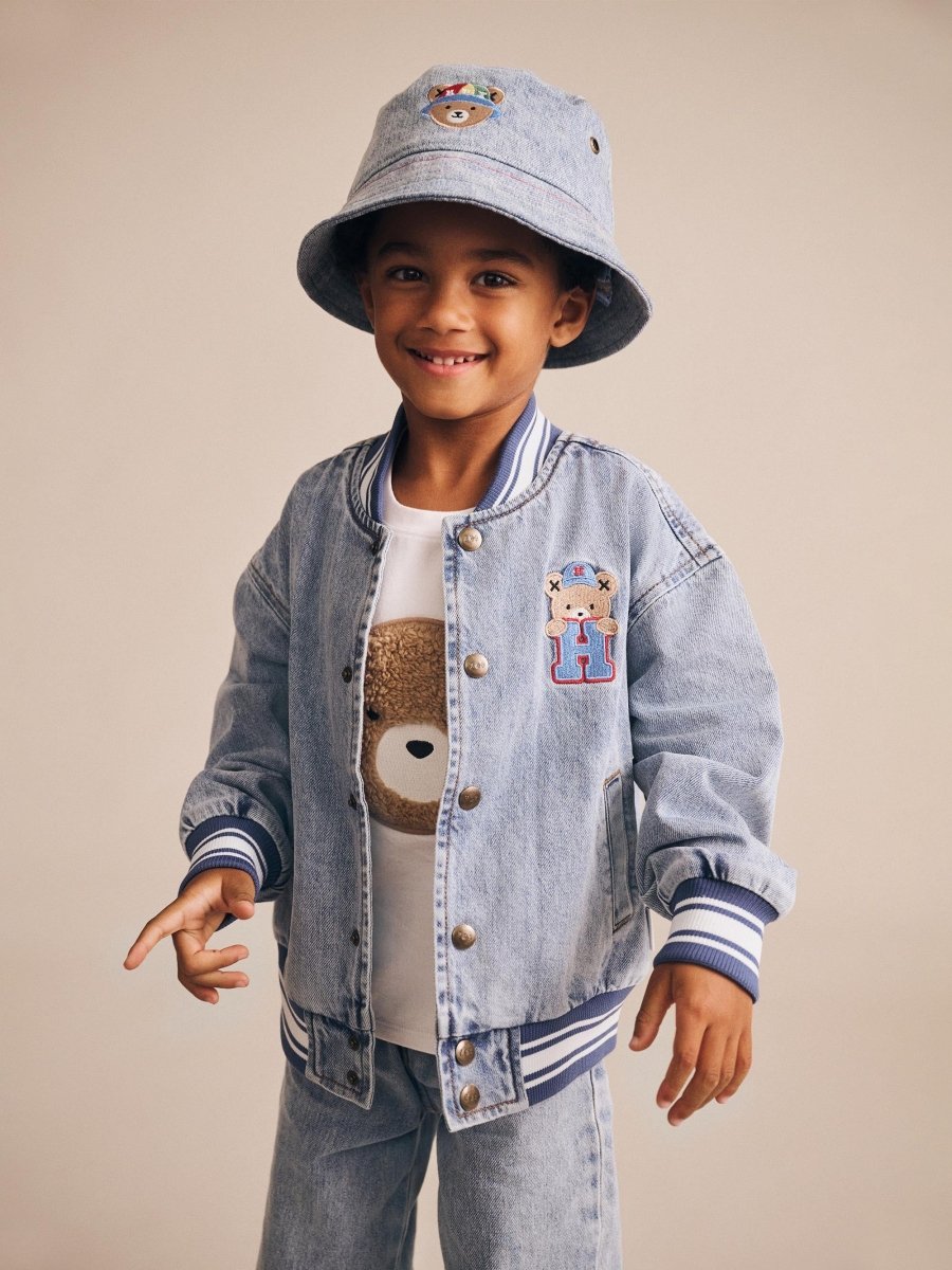 DREAMY DENIM VARSITY BOMBER JACKET - JACKETS