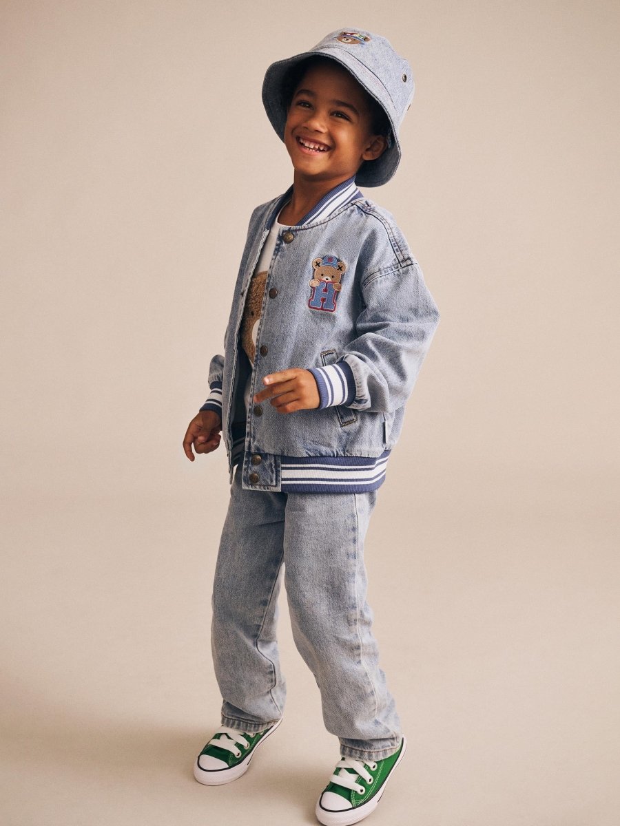 DREAMY DENIM VARSITY BOMBER JACKET - JACKETS