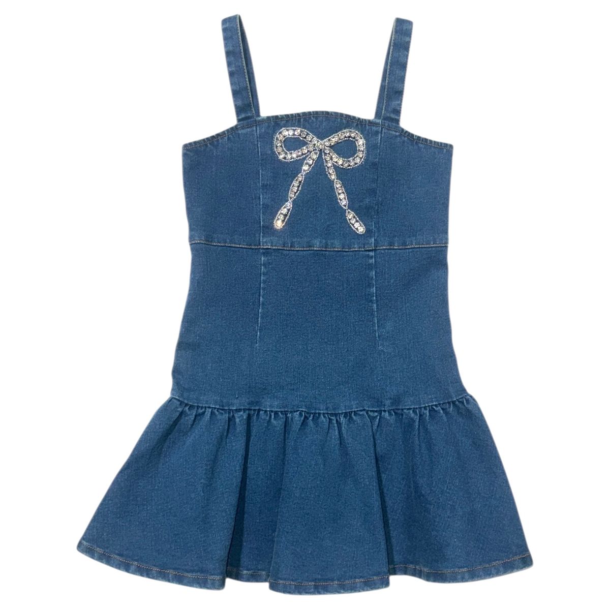 denim dress bow ELLIE CRYSTAL by MINI DREAMERS | Kids Fashion 4thofjulyoutfit Sweetheart Mini Chiffon Cocktail She’s sweet—but she’s got Color:Gold Shimmer Floral