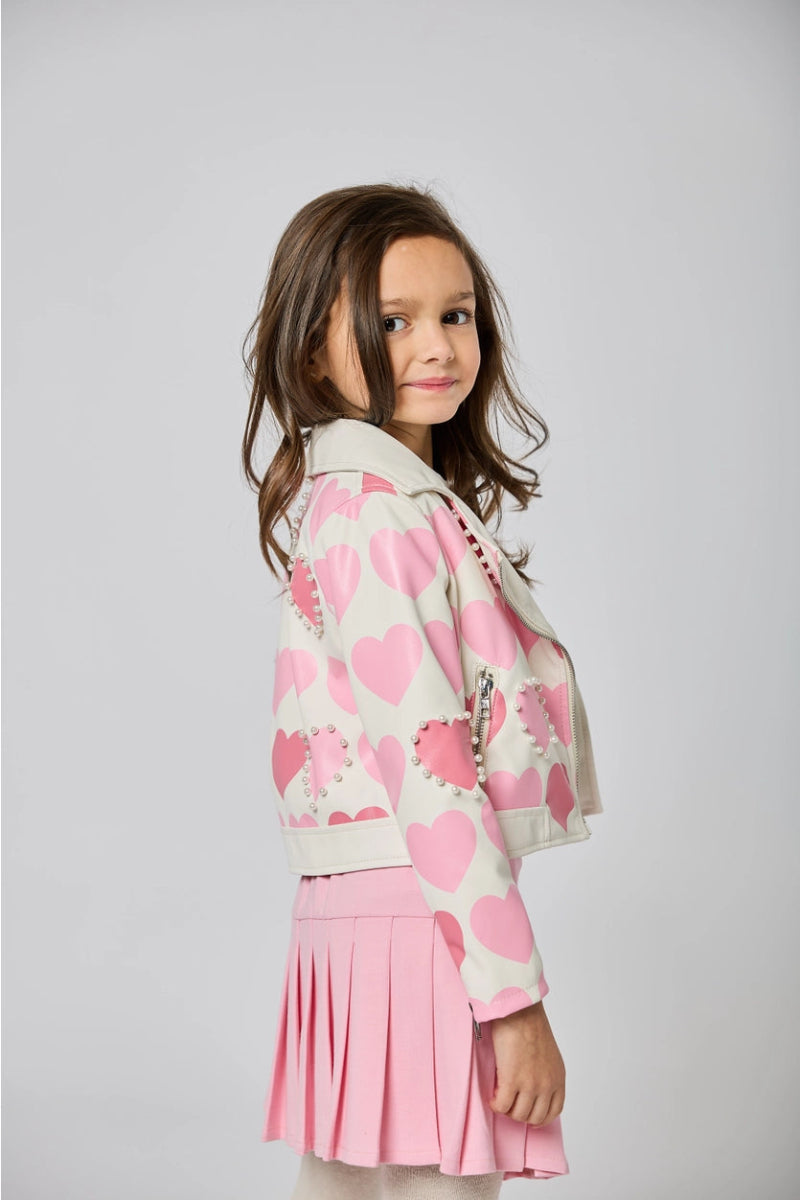 HEART PRINT MOTO JACKET W/ PEARLS - JACKETS