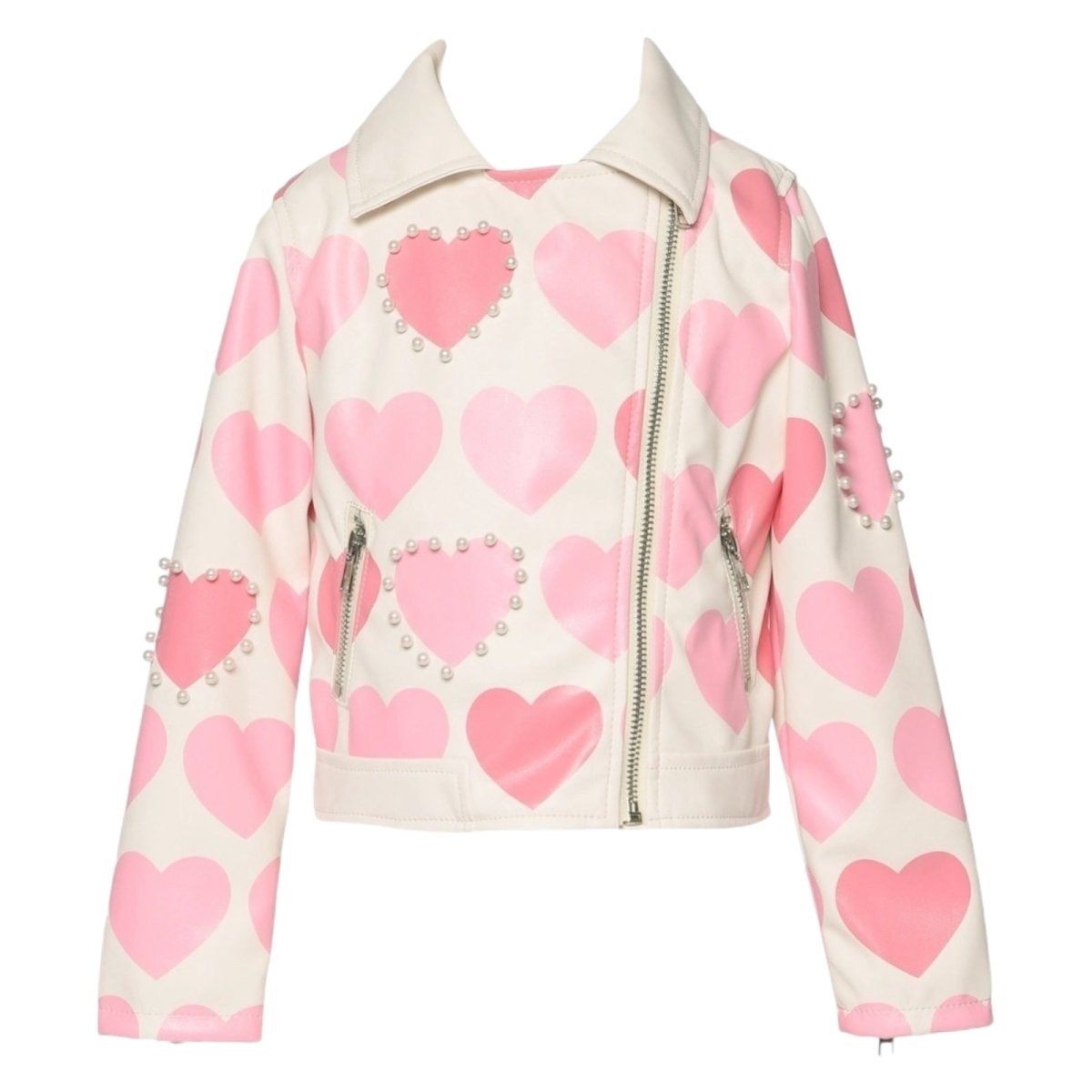 HEART PRINT MOTO JACKET W/ PEARLS - JACKETS