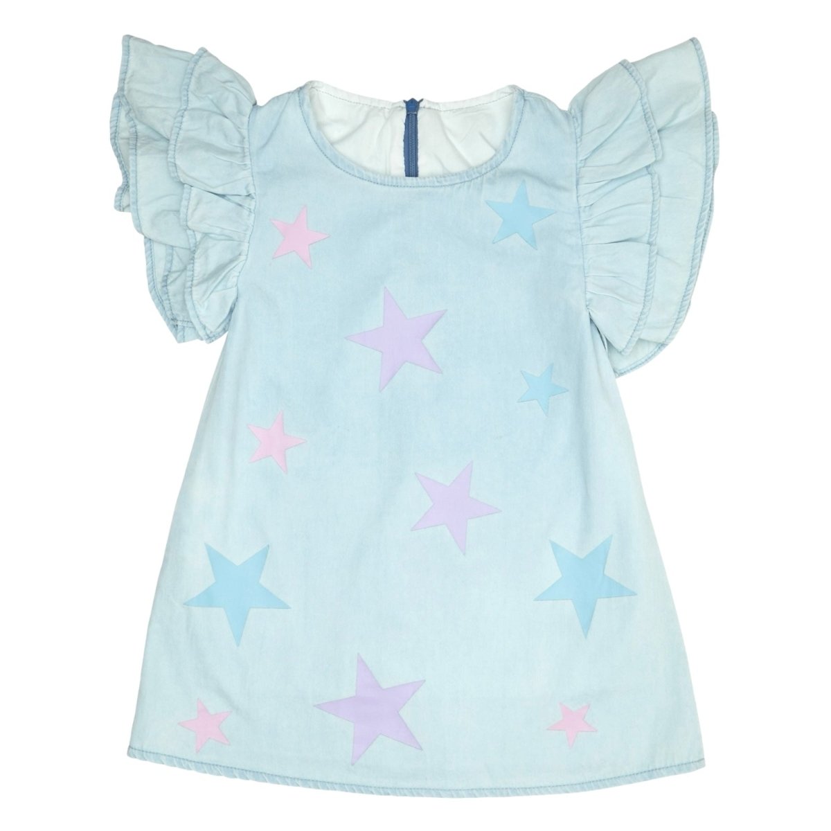 denim dress with stars Sky Blue Stars Frayed Hem Collared Short Sleeve Denim Dress