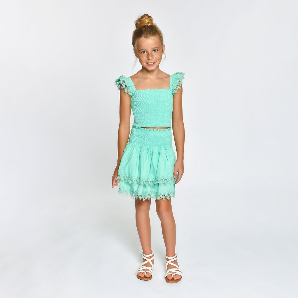 MARIEL MINT CRUSH SMOCKED TOP AND RUFFLE SKIRT - SET