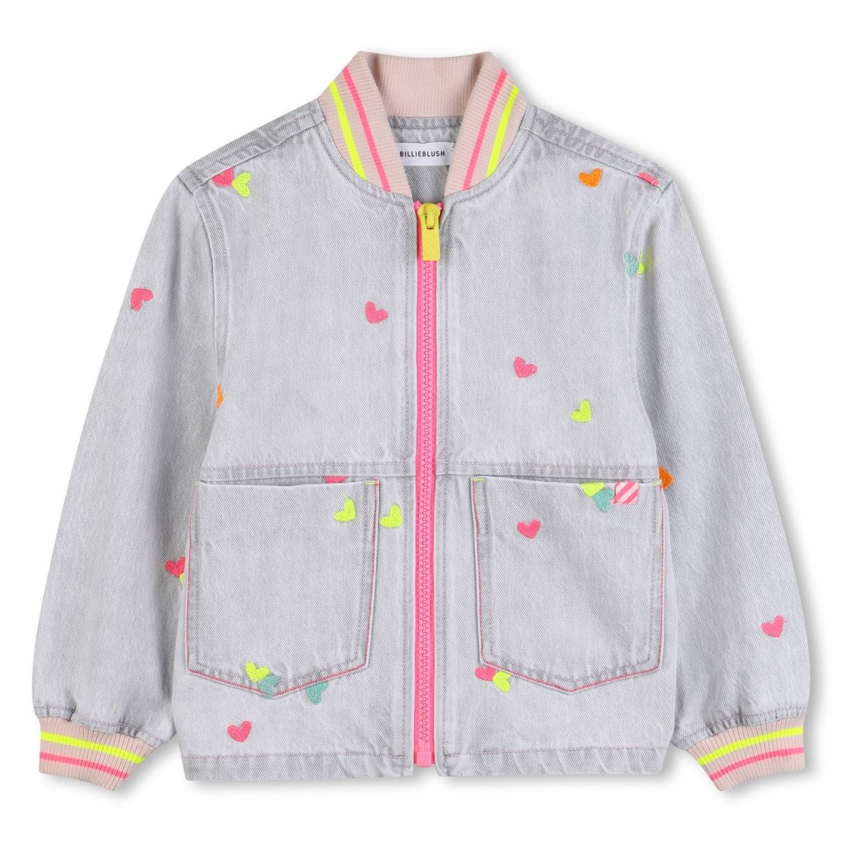NEON EMBROIDERED HEART DENIM BOMBER JACKET (PREORDER) - BILLIEBLUSH