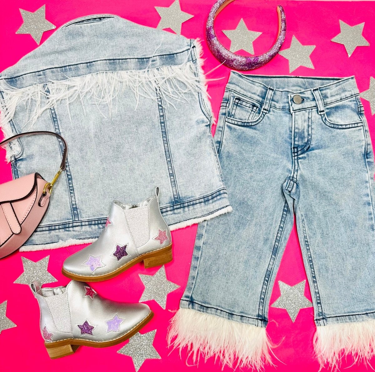 OVERSIZED FEATHER TRIMMED DENIM VEST - VESTS