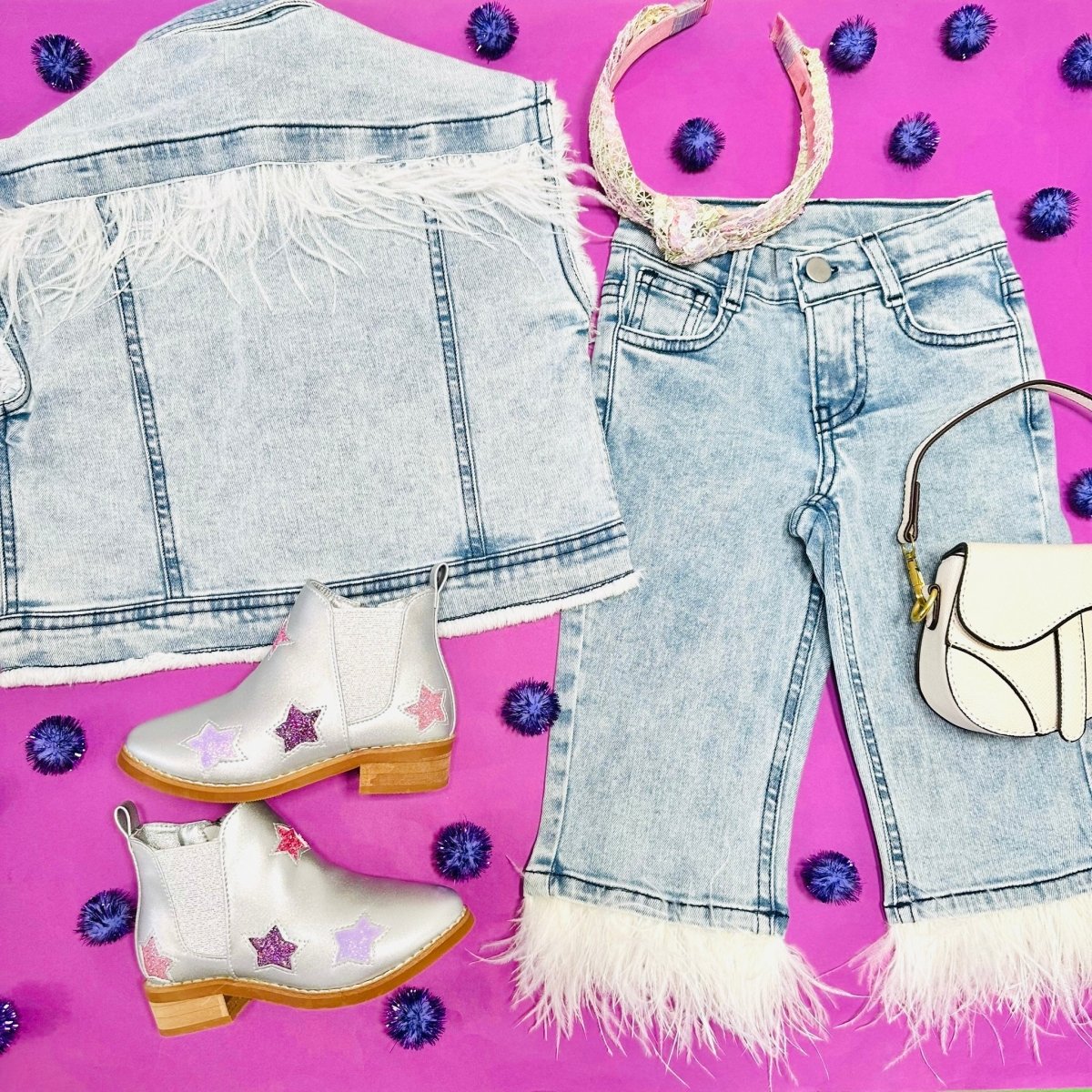 OVERSIZED FEATHER TRIMMED DENIM VEST - VESTS