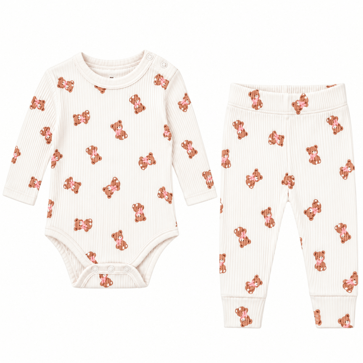 PINK BEAR RIBBED LONG SLEEVE ONESIE AND LEGGINGS SET - HUXBABY - SET