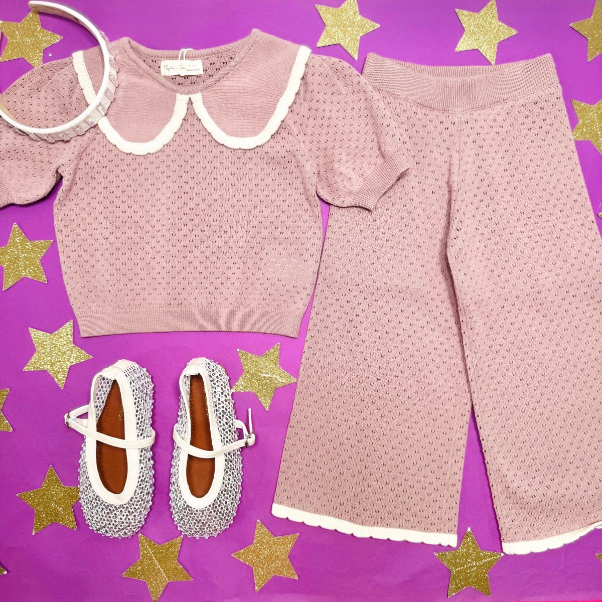 ROSEWOOD POINTELLE COLLARD TOP AND PANTS SET - RYLEE + CRU