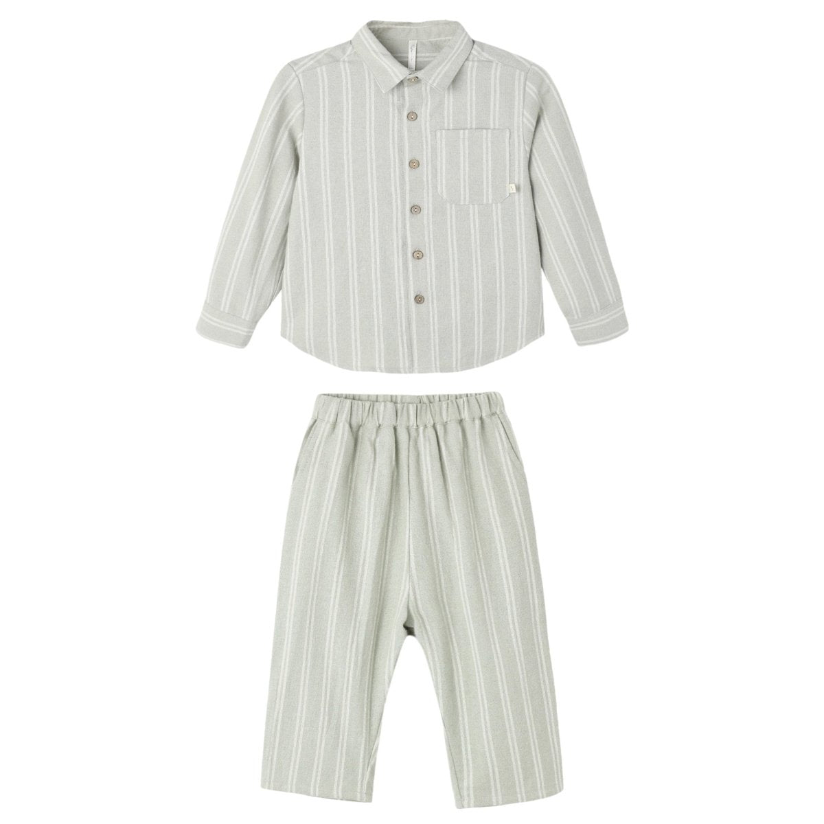 SAGE PINSTRIPE COLLARED BUTTON DOWN AND PALMER PANTS SET - RYLEE + CRU