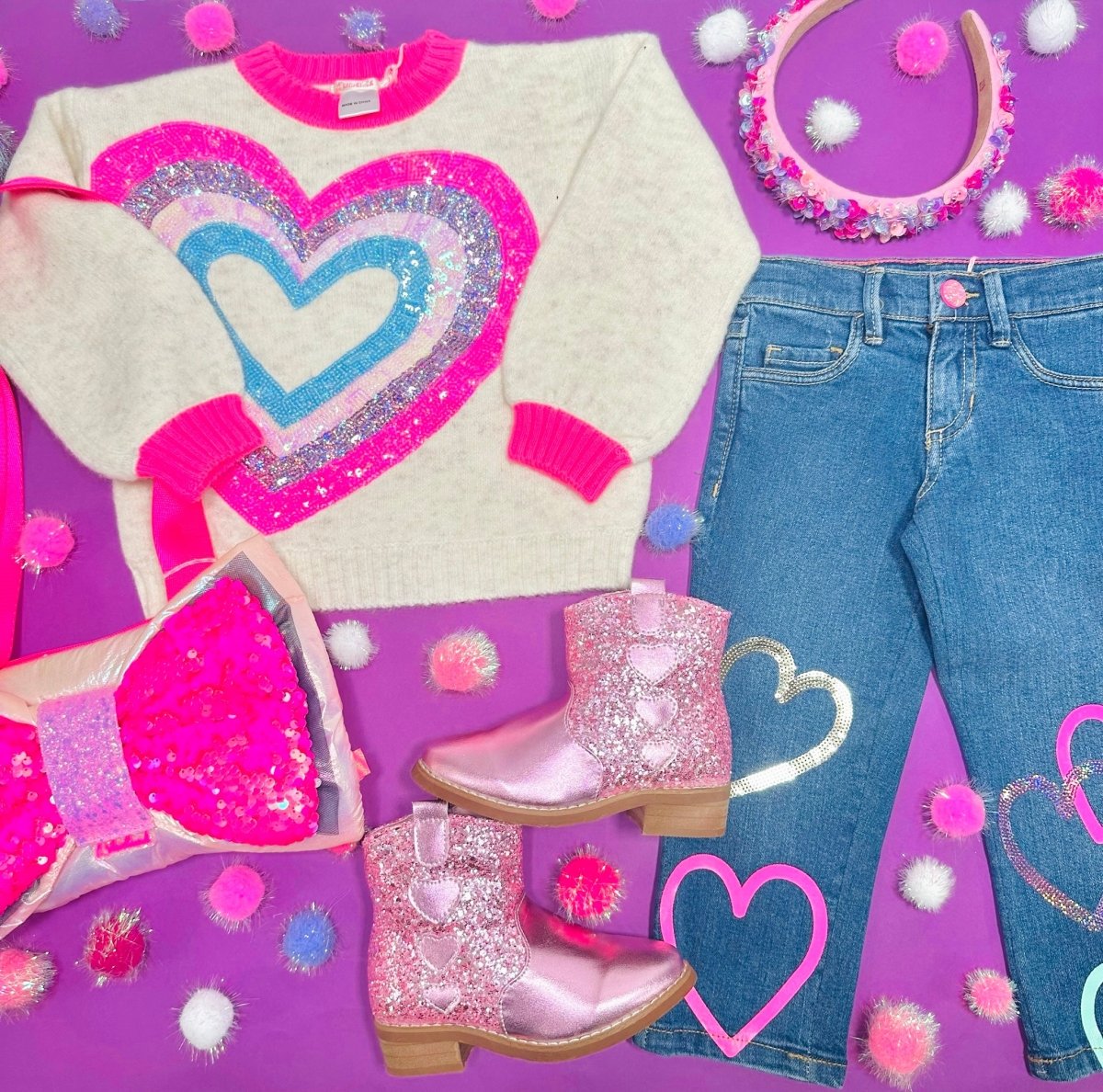 SEQUIN HEART DENIM PANTS - PANTS