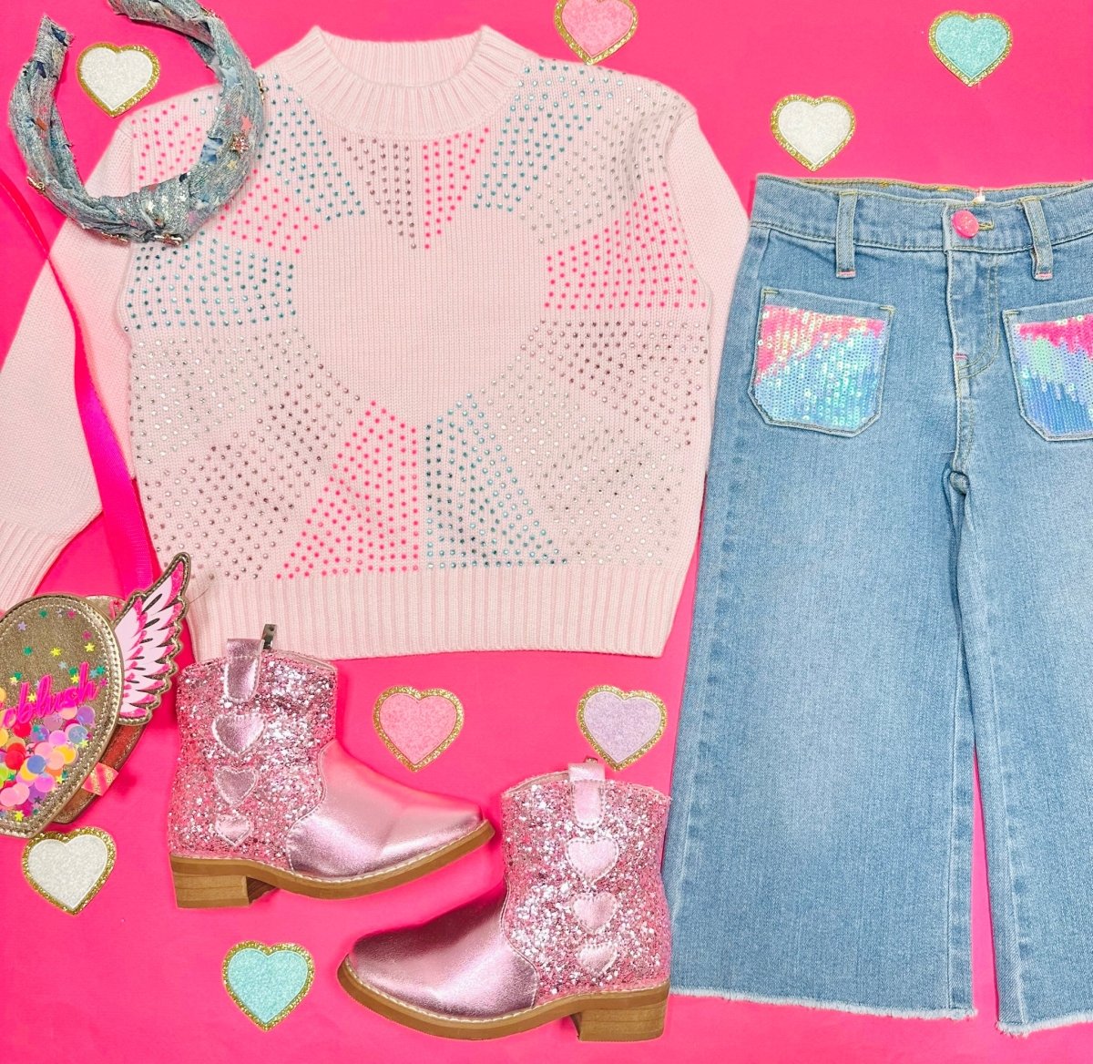 SEQUIN POCKET WIDE LEG DENIM PANTS - PANTS