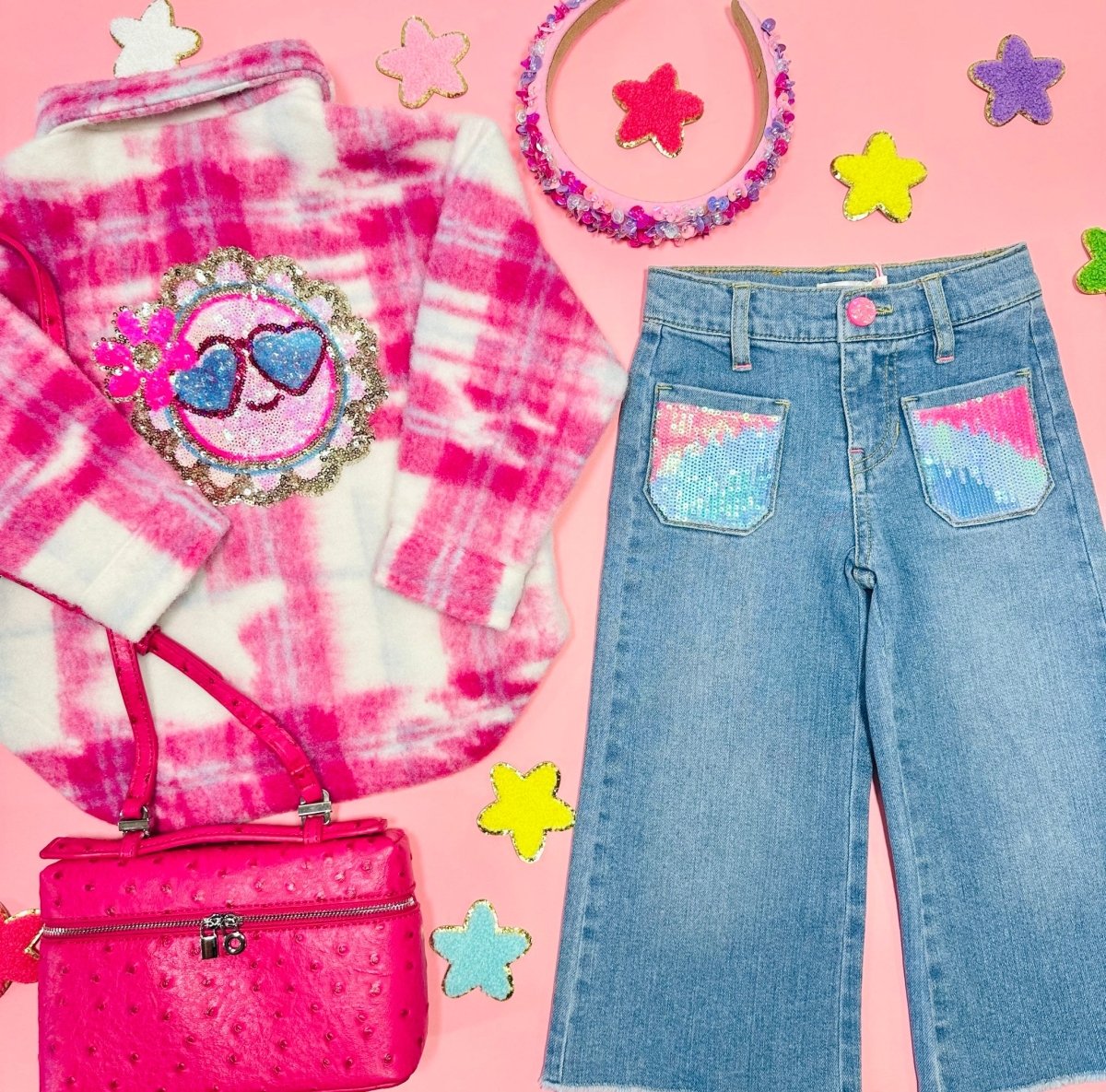 SEQUIN POCKET WIDE LEG DENIM PANTS - PANTS