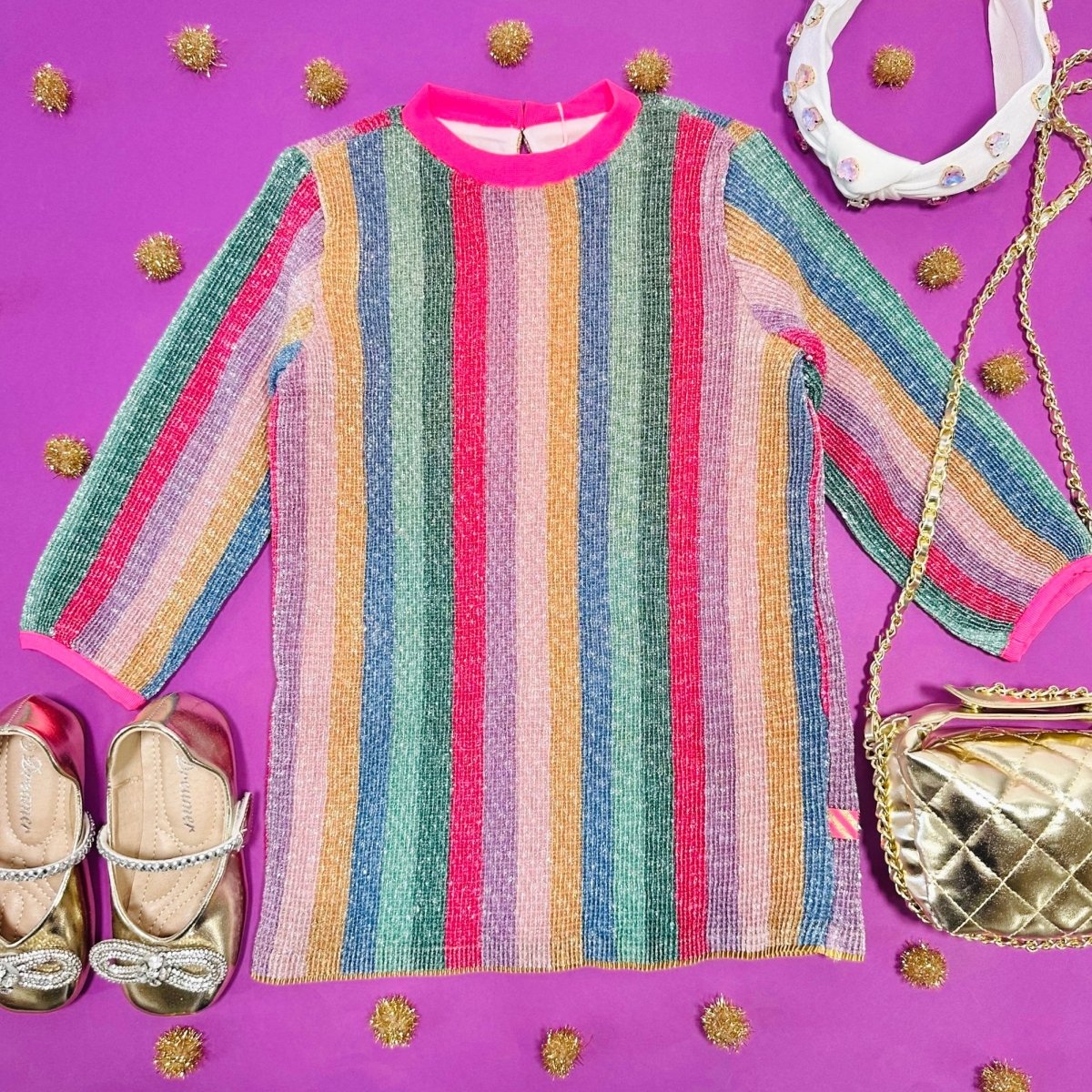 SEQUIN RAINBOW PLEATED DRESS - DRESSES