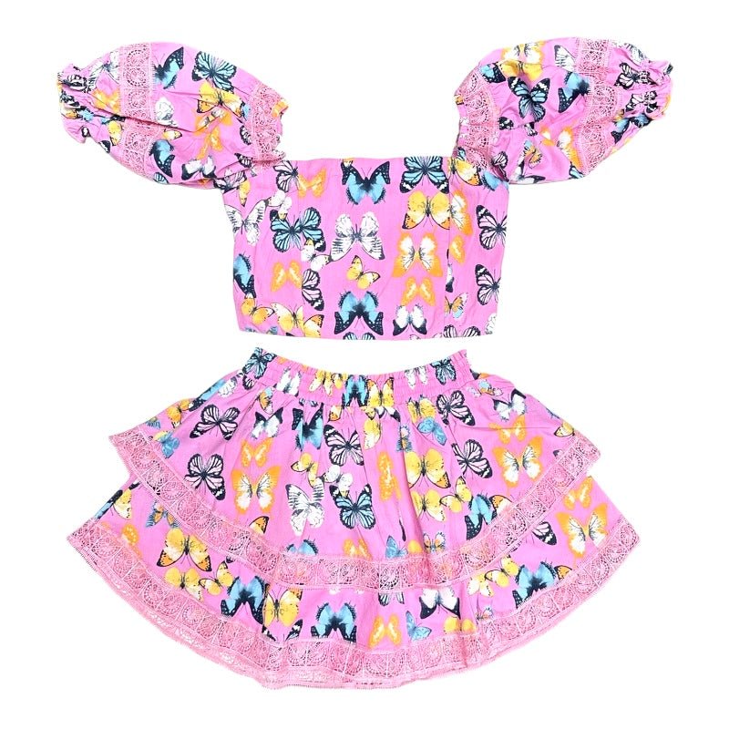 SIMONE BUTTERFLIES PUFF SLEEVE TOP AND SKIRT SET - SET