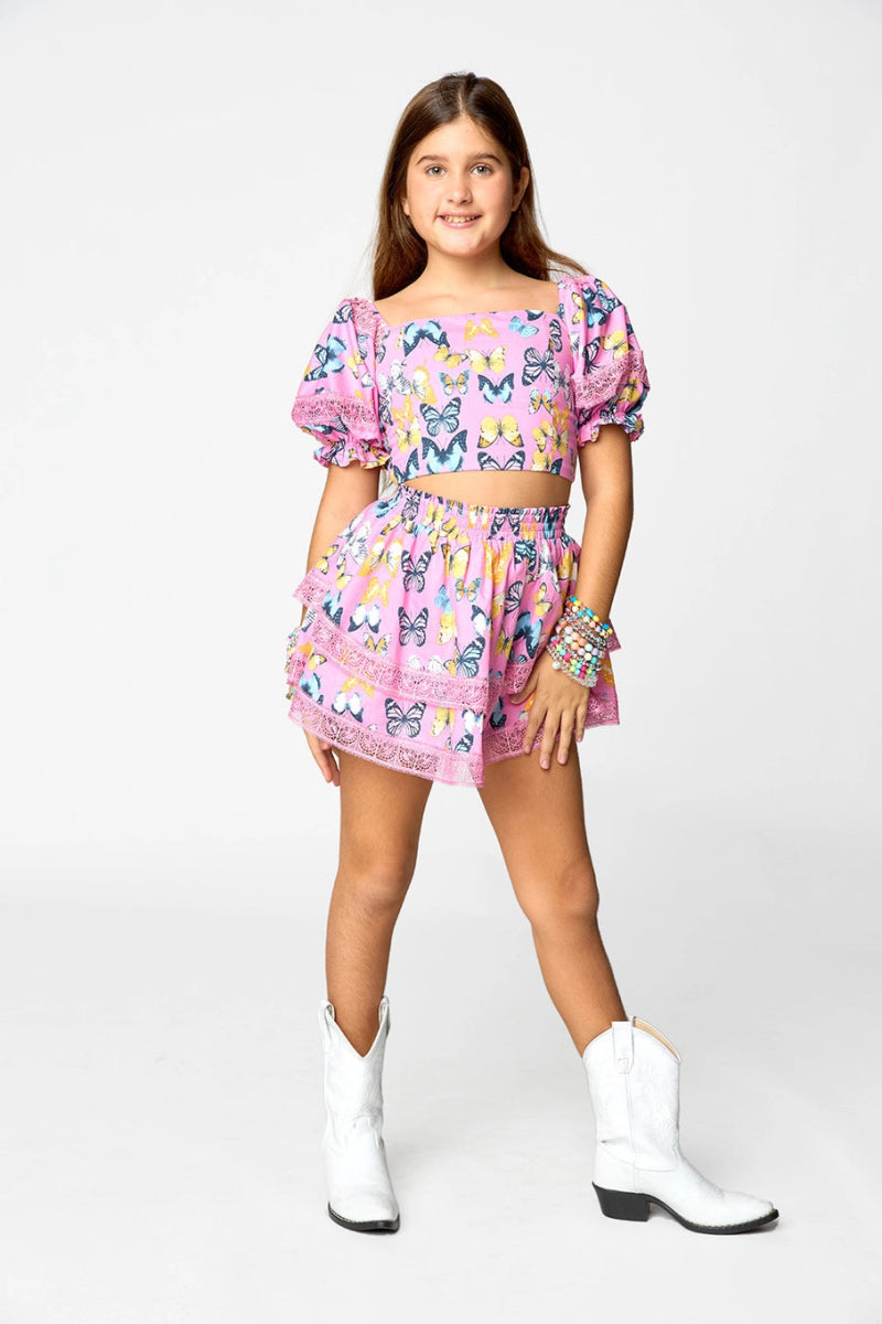 SIMONE BUTTERFLIES PUFF SLEEVE TOP AND SKIRT SET - SET